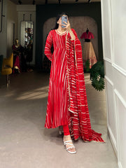Red Leheriya Georgette Gown with Dupatta – Festive Elegance with Lace Touch-Up