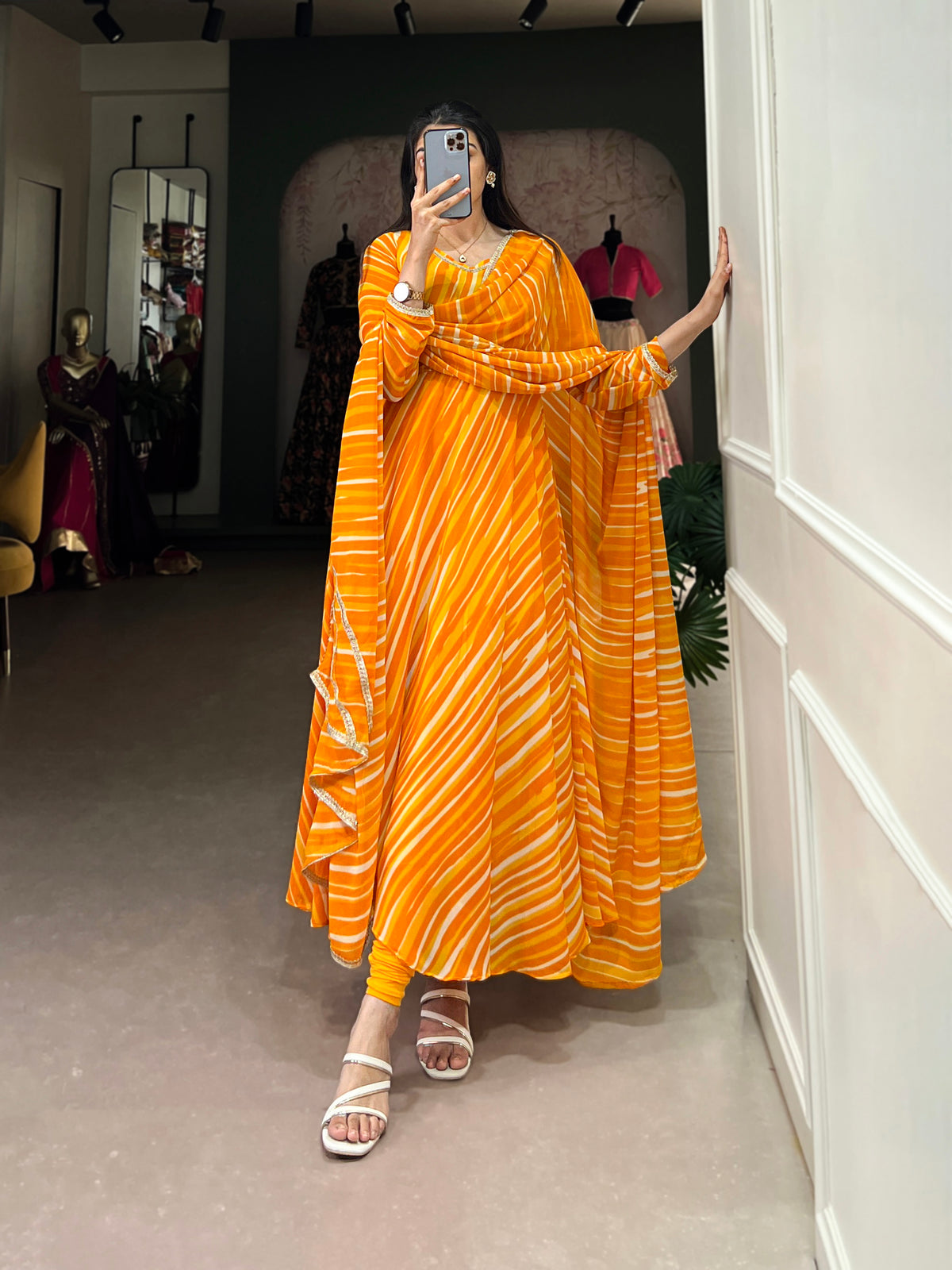 Yellow Color Leheriya With Lace Touch Up Georgette Gown