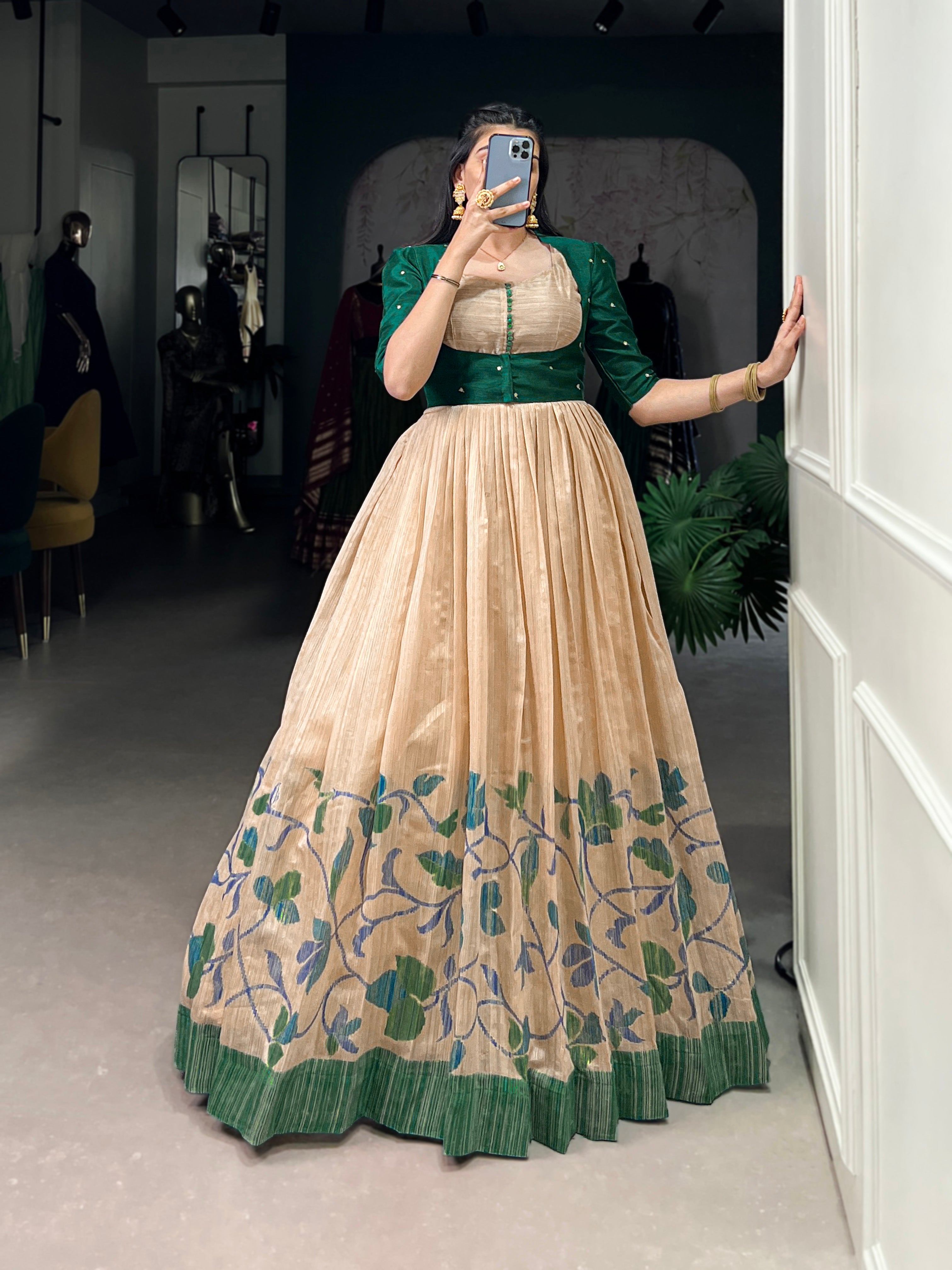 Green Silk Printed Gown With koti