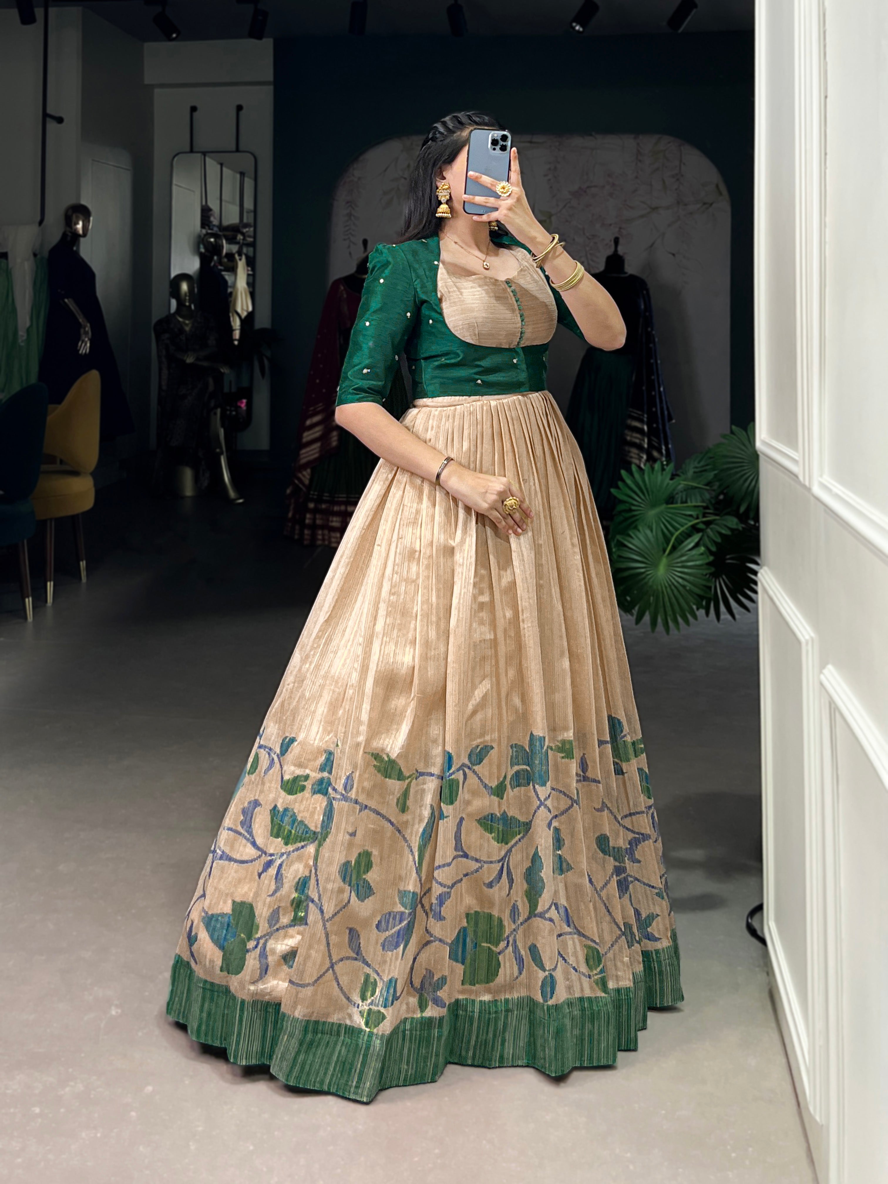 Green Silk Printed Gown With koti