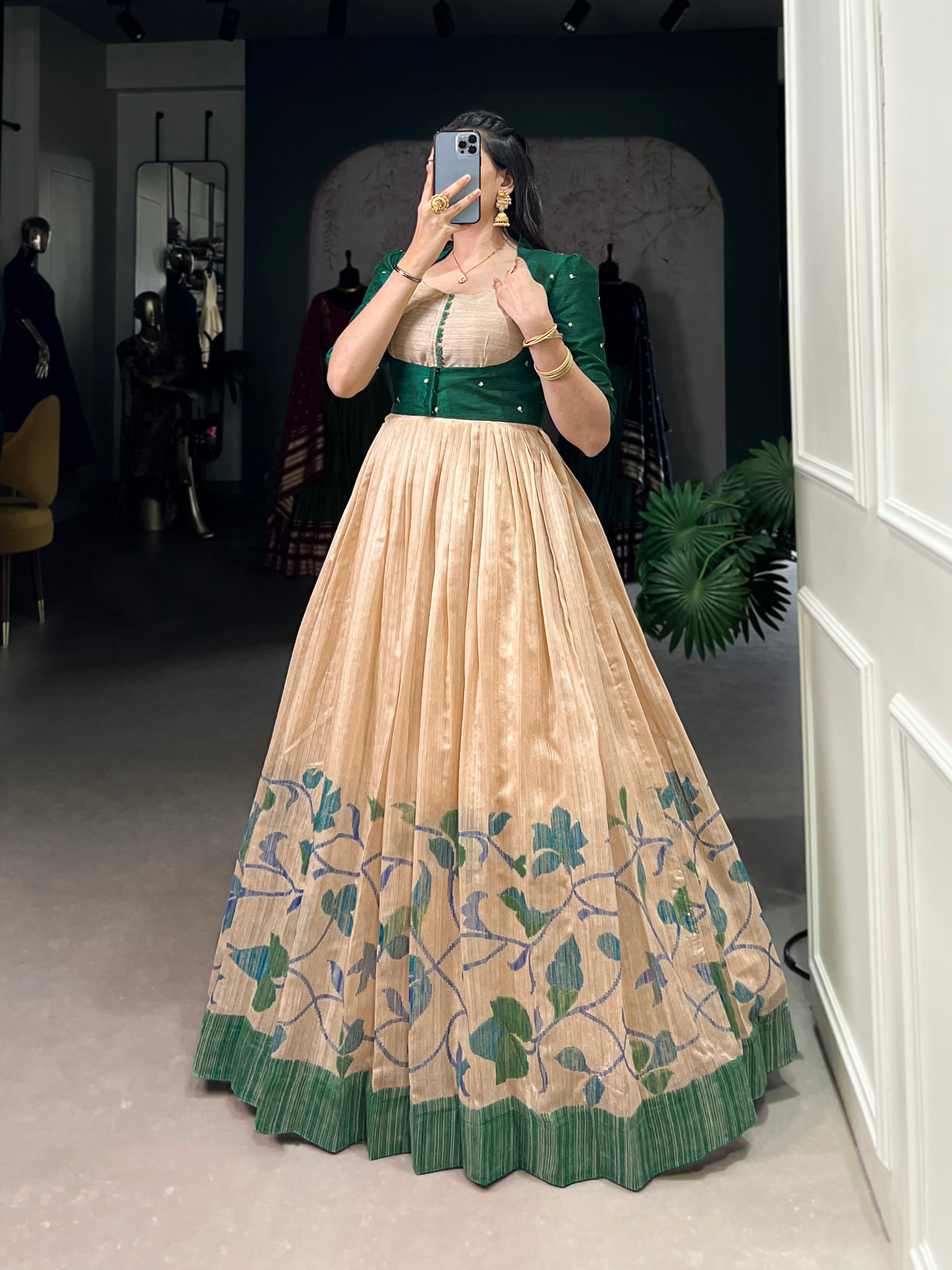 Green Silk Printed Gown With koti