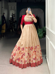 Maroon Color Silk Printed Gown With koti