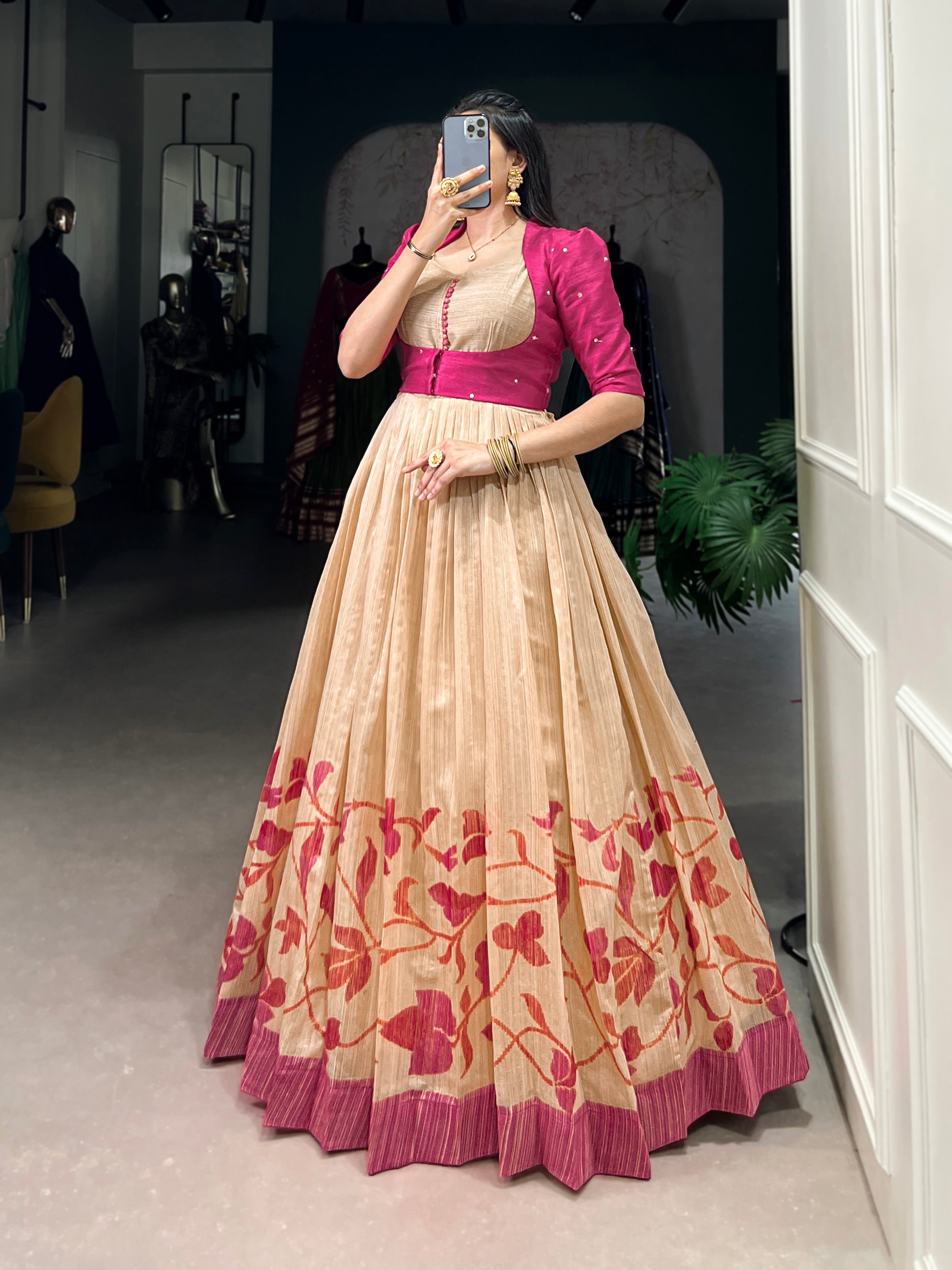 Pink Color Silk Printed Gown With koti
