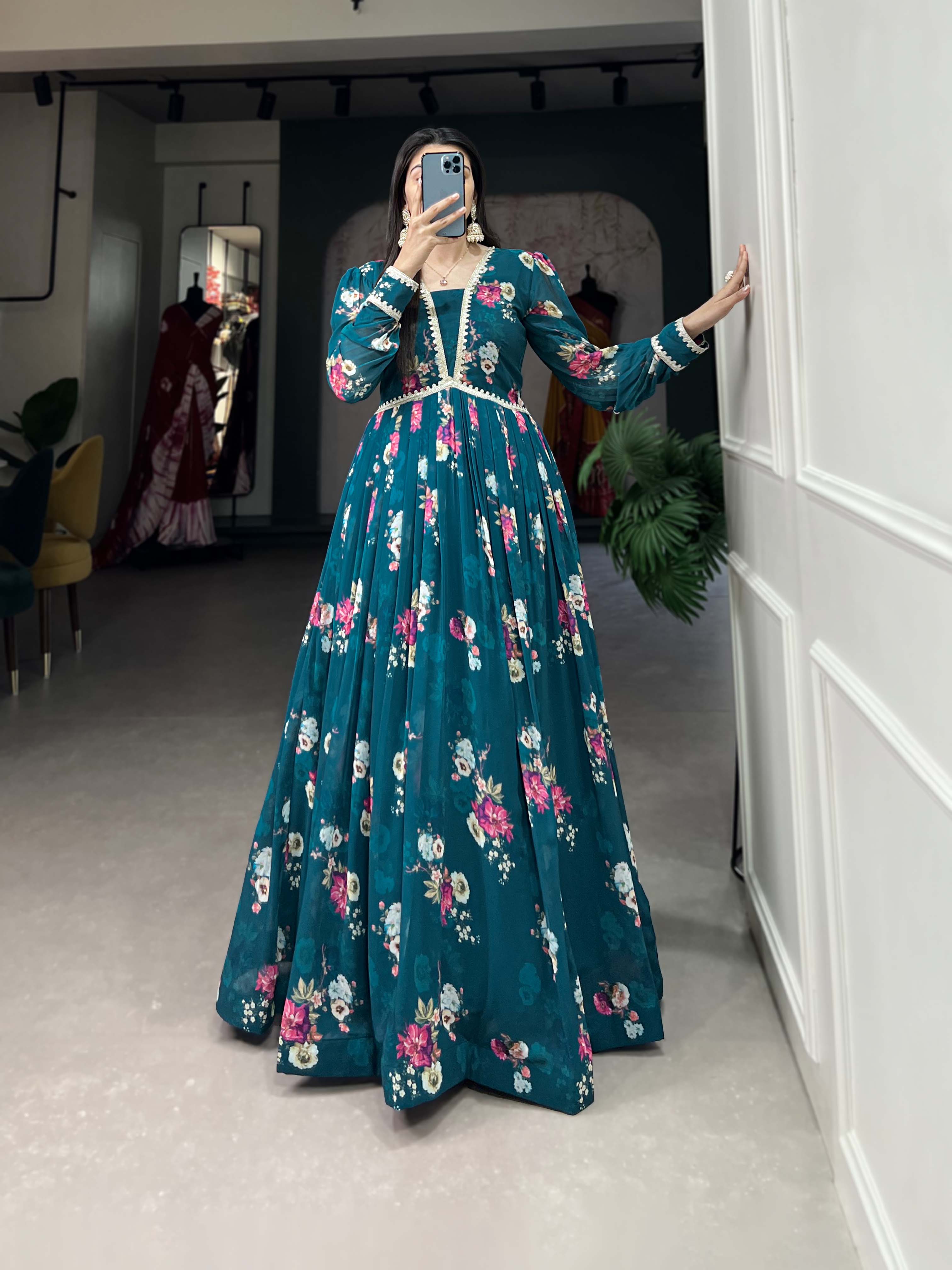 Floral Print Firozi Georgette Gown with Dupatta