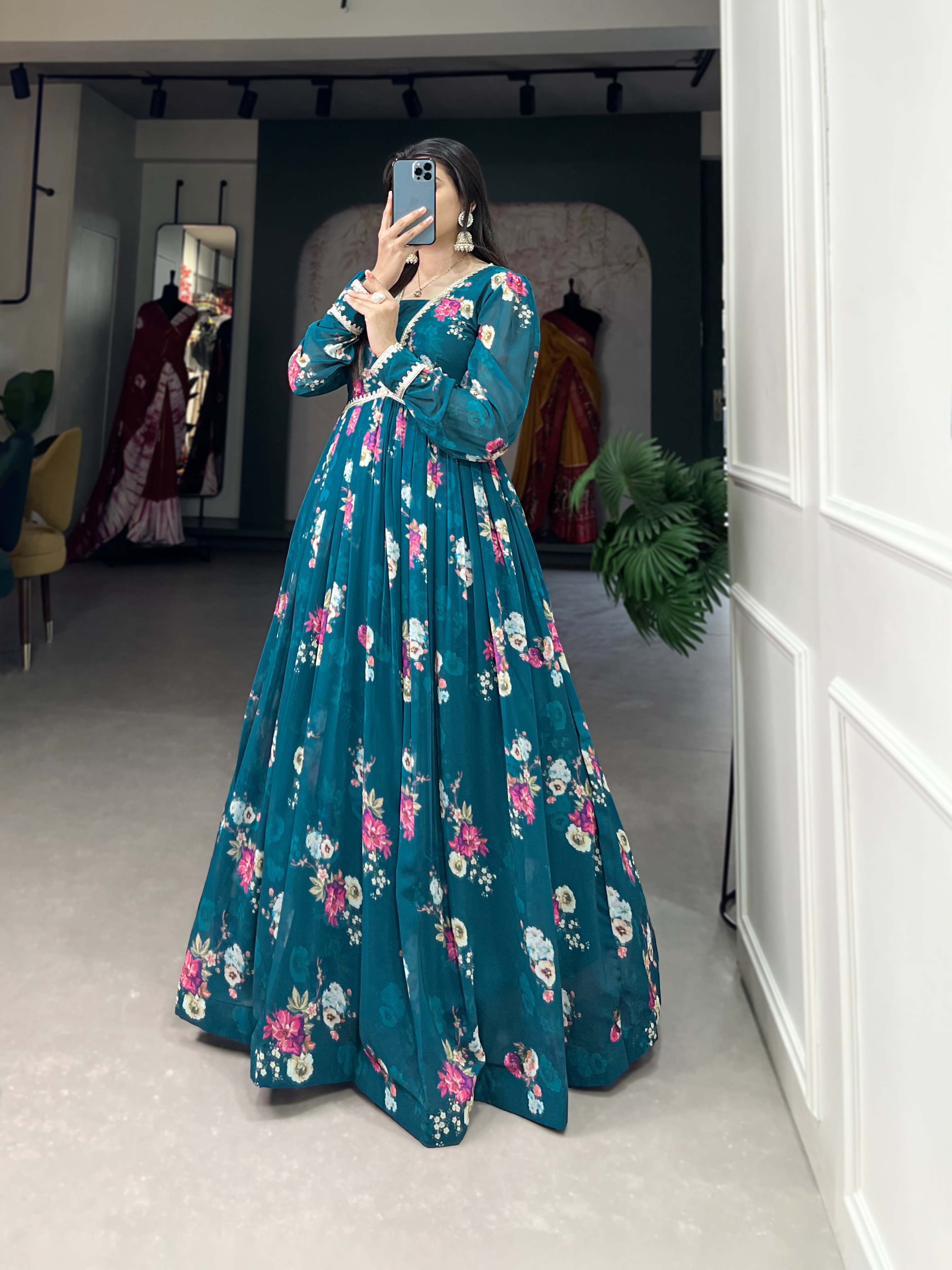 Floral Print Firozi Georgette Gown with Dupatta
