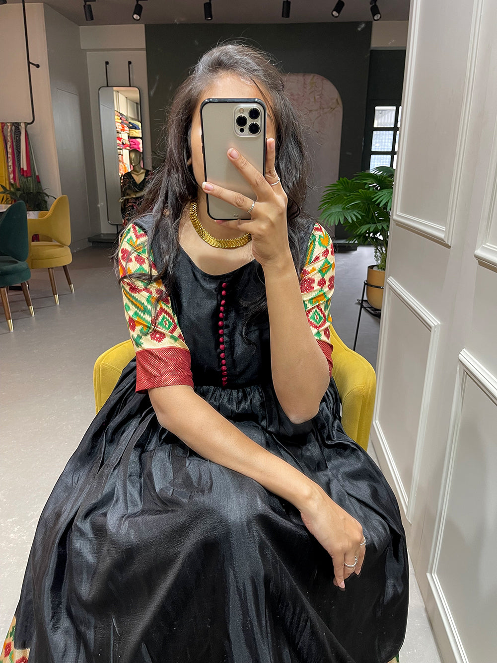 Black Pure Dola Silk Long Floor Length Printed With Foilwork Readymade Gown