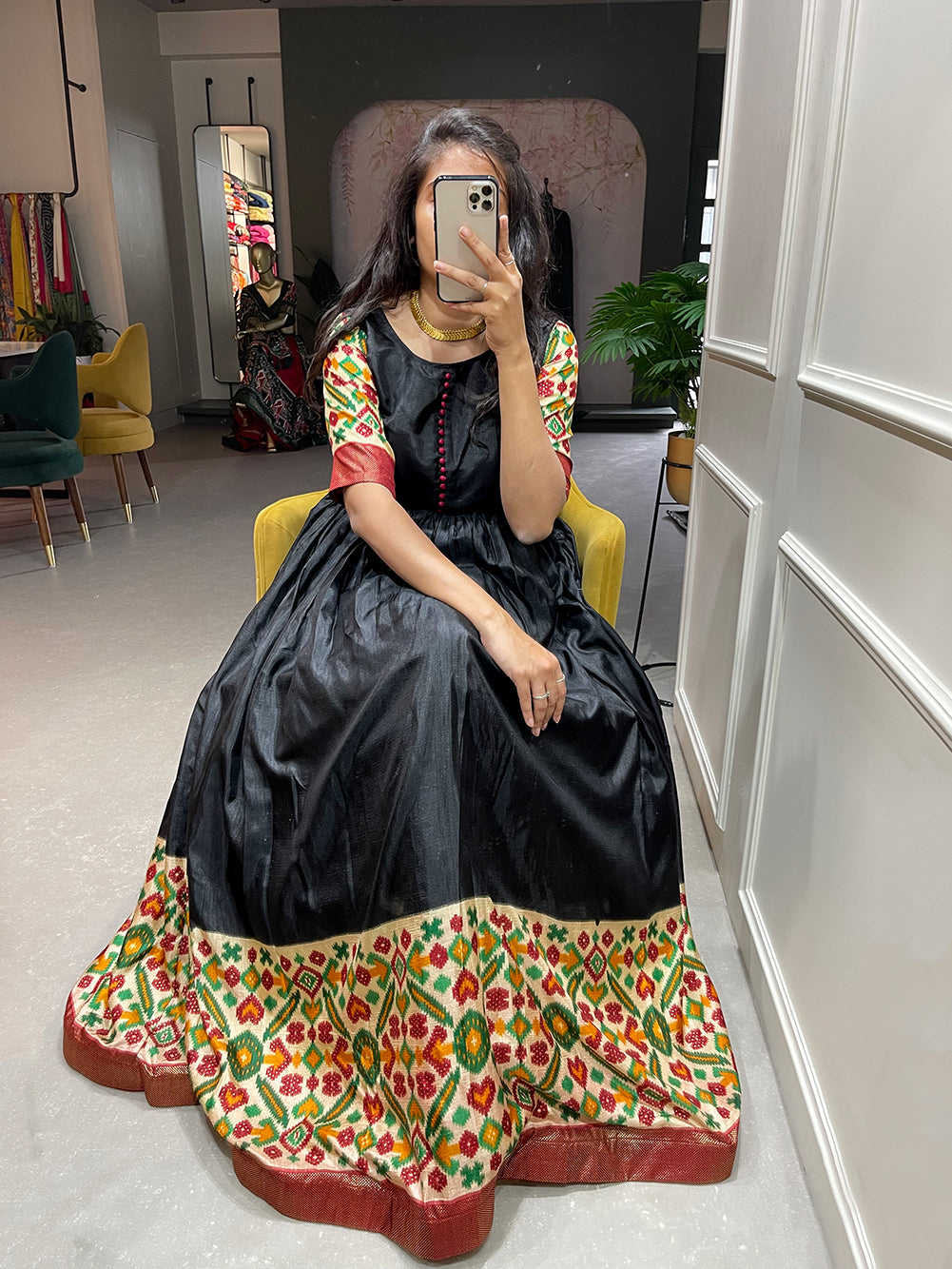 Black Pure Dola Silk Long Floor Length Printed With Foilwork Readymade Gown