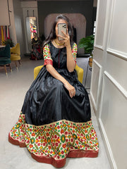 Black Pure Dola Silk Long Floor Length Printed With Foilwork Readymade Gown