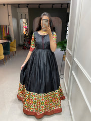 Black Pure Dola Silk Long Floor Length Printed With Foilwork Readymade Gown