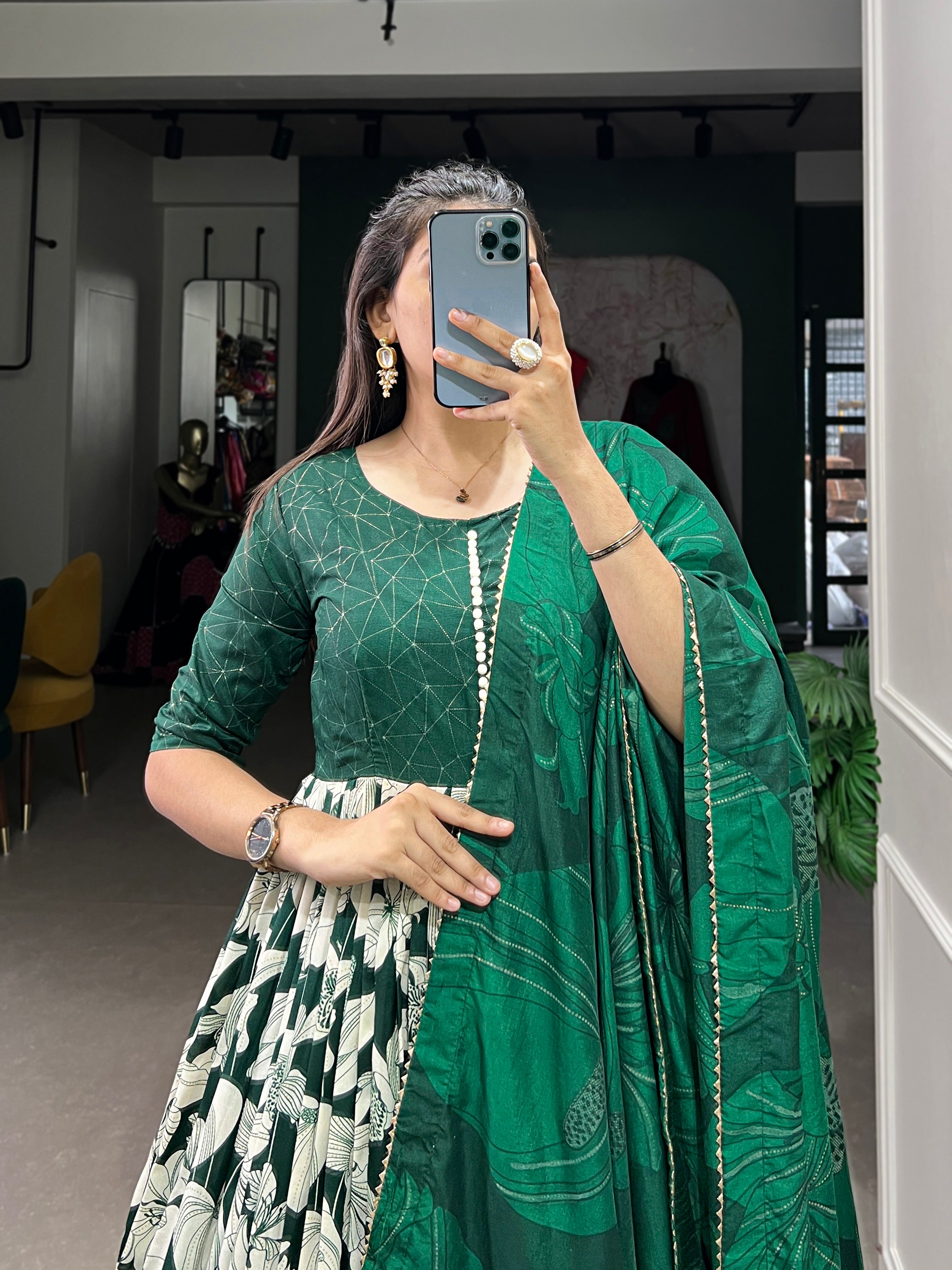 Green Color Tussar Silk Floral Printed Work Gown