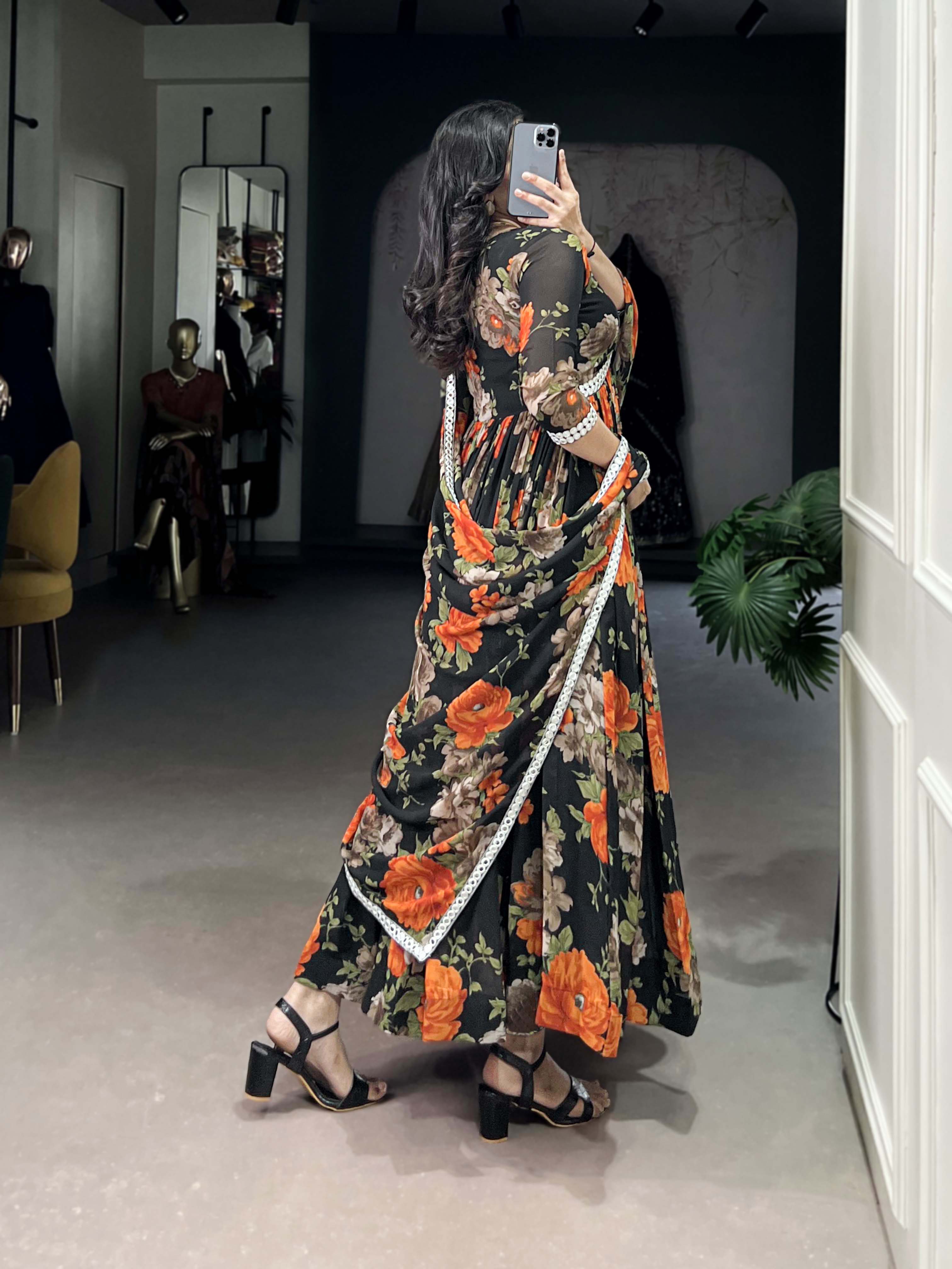 Orange Color Long Floral Gown