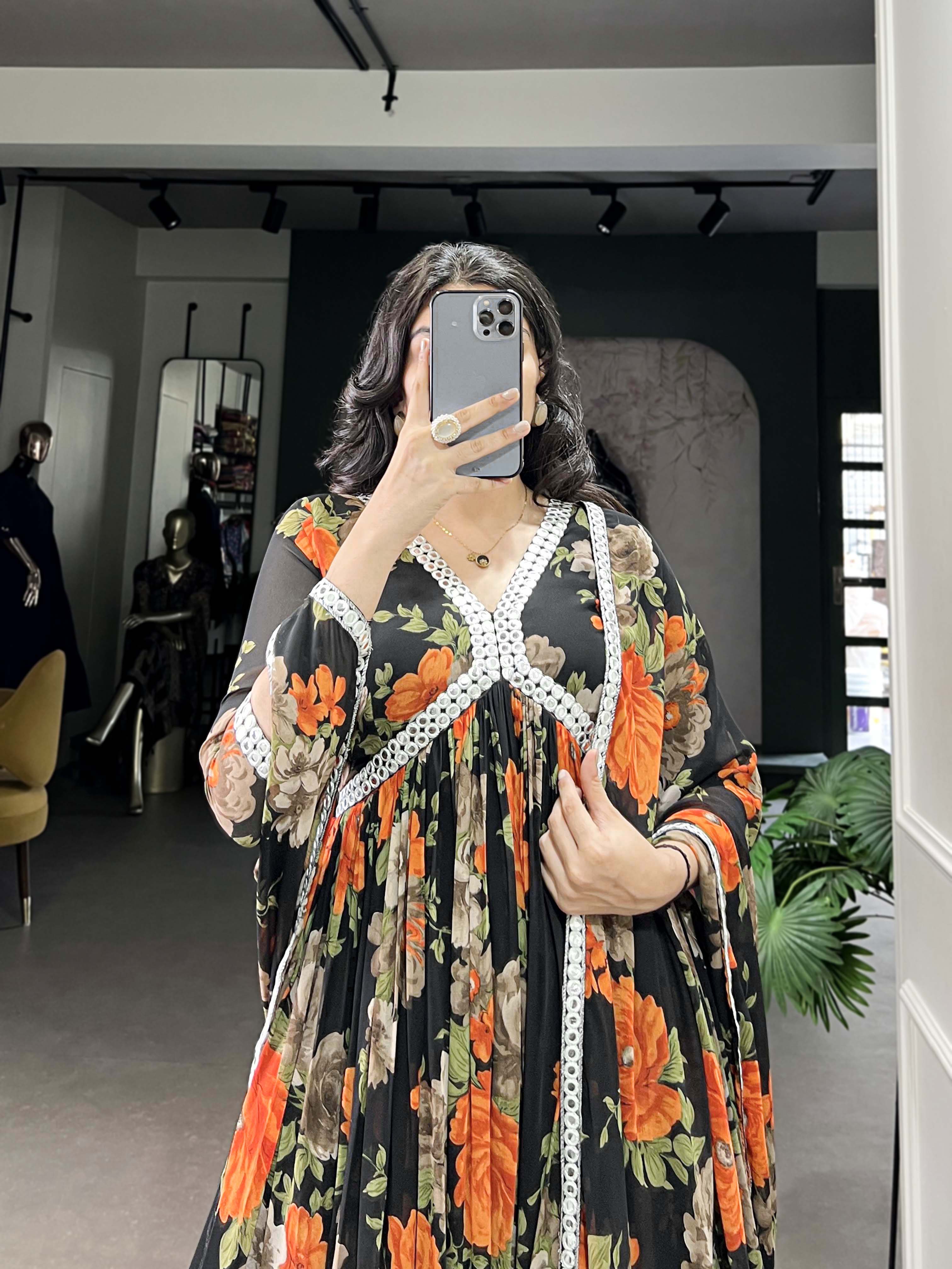 Orange Color Long Floral Gown