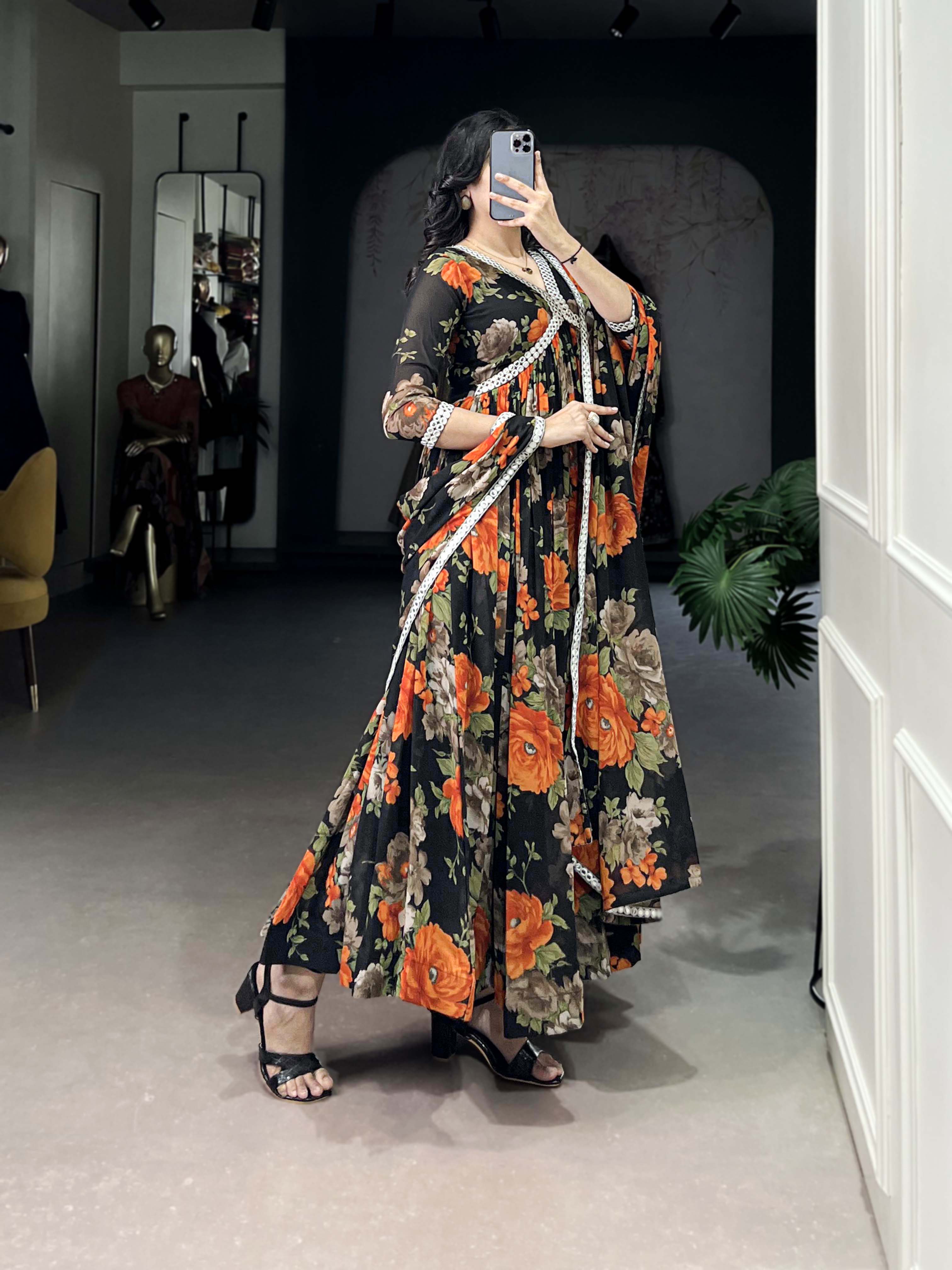 Orange Color Long Floral Gown