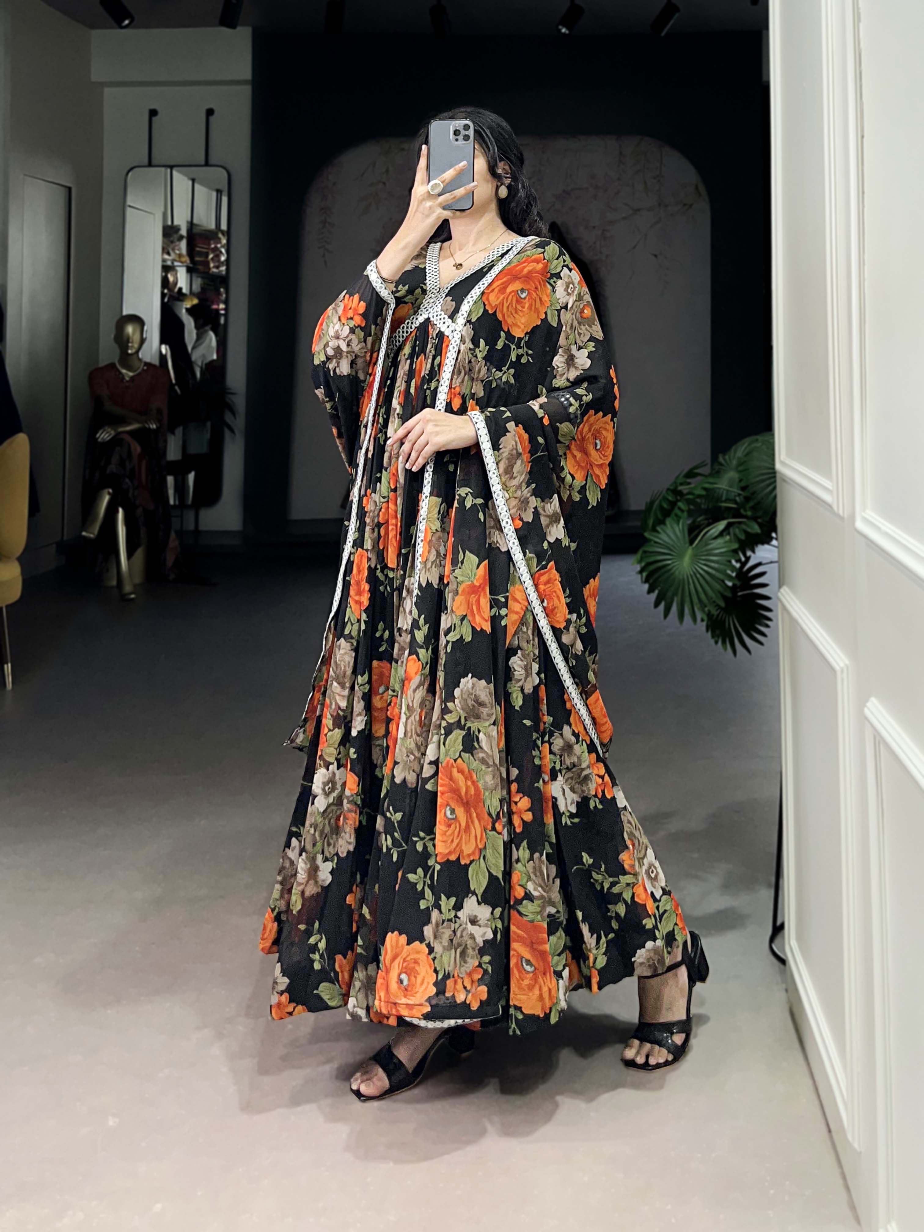Orange Color Long Floral Gown