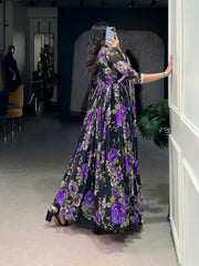 Black And Purple Color Floral Printed Georgette Gown