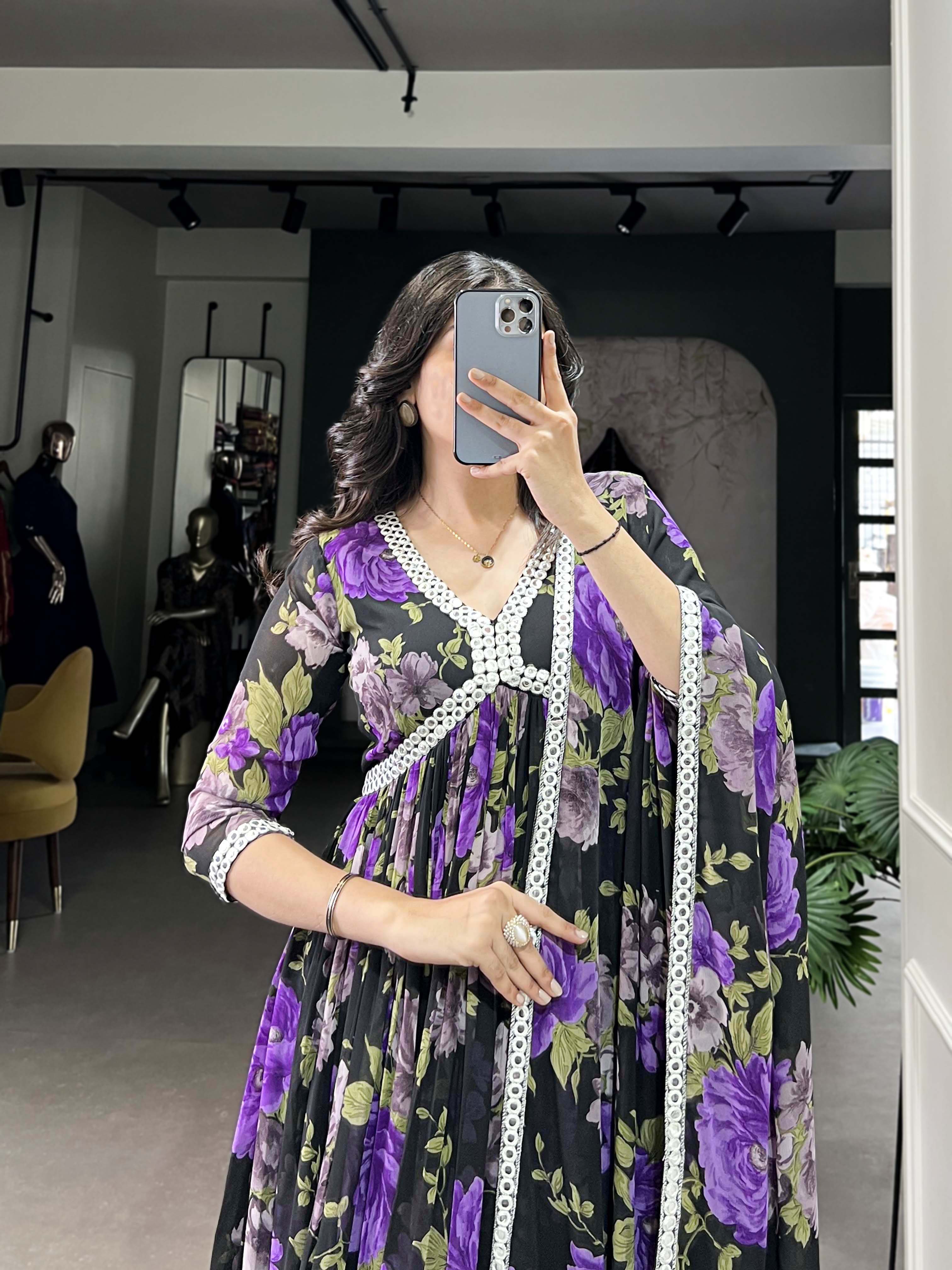 Black And Purple Color Floral Printed Georgette Gown
