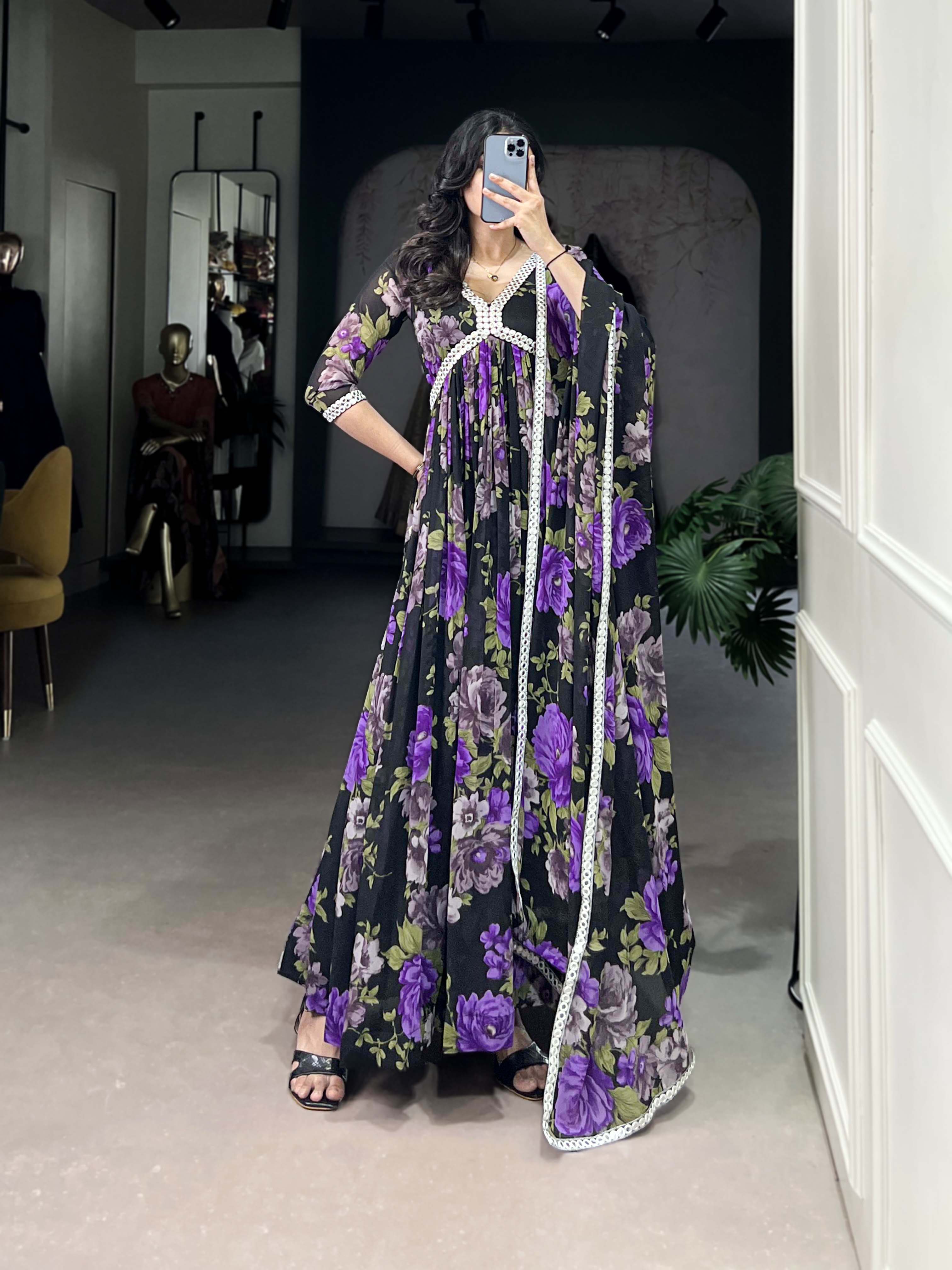 Black And Purple Color Floral Printed Georgette Gown