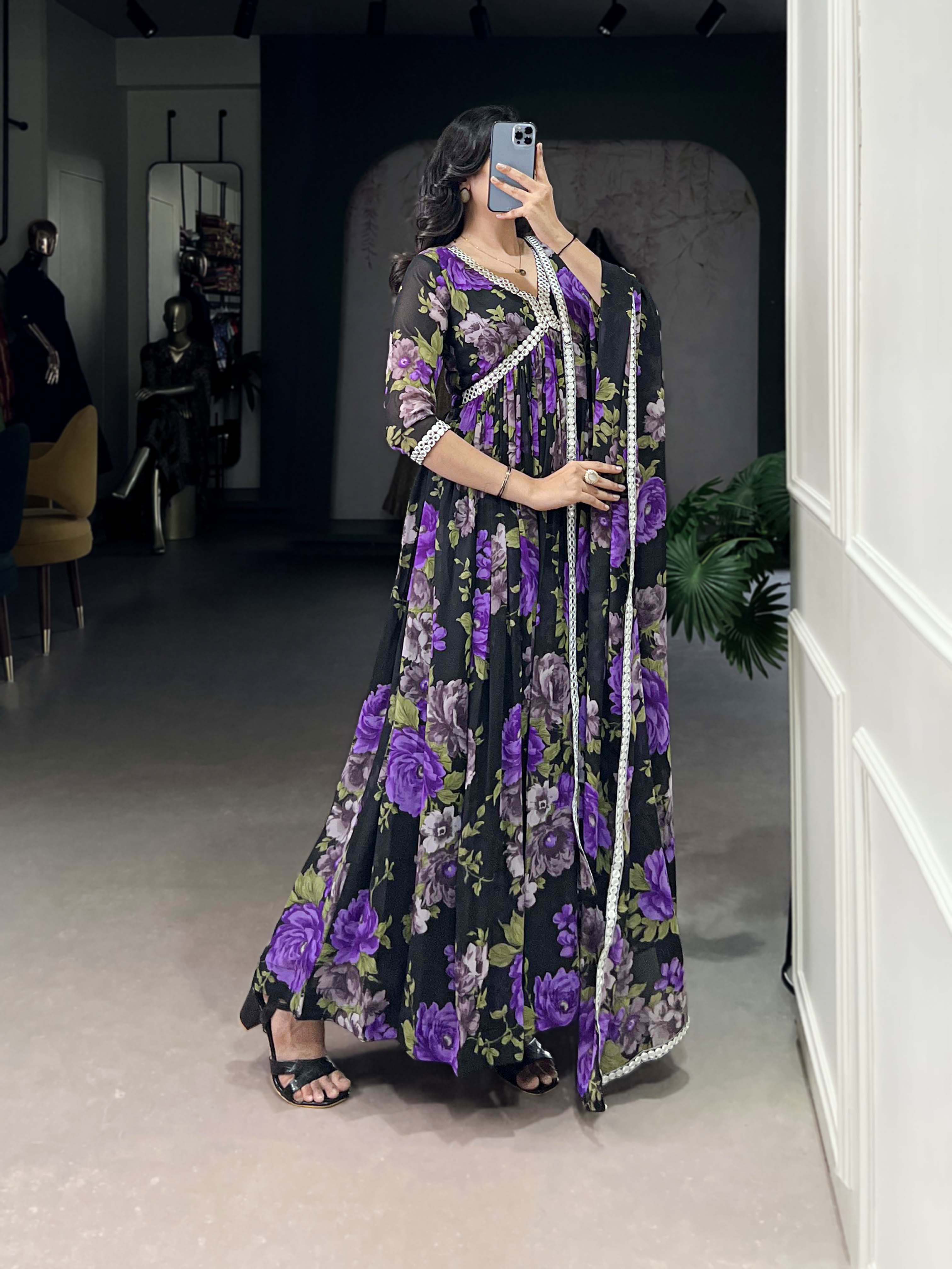 Black And Purple Color Floral Printed Georgette Gown