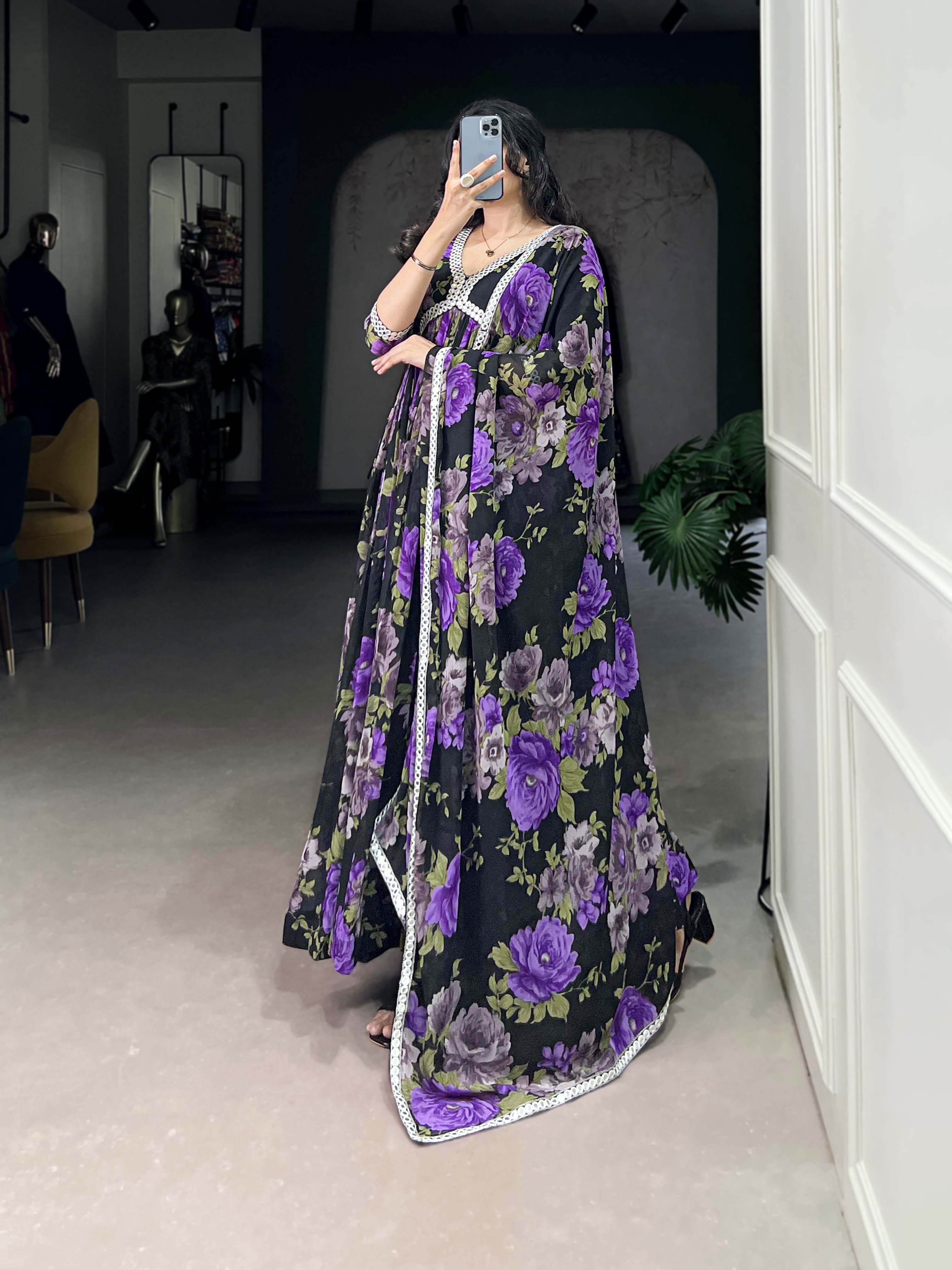 Black And Purple Color Floral Printed Georgette Gown