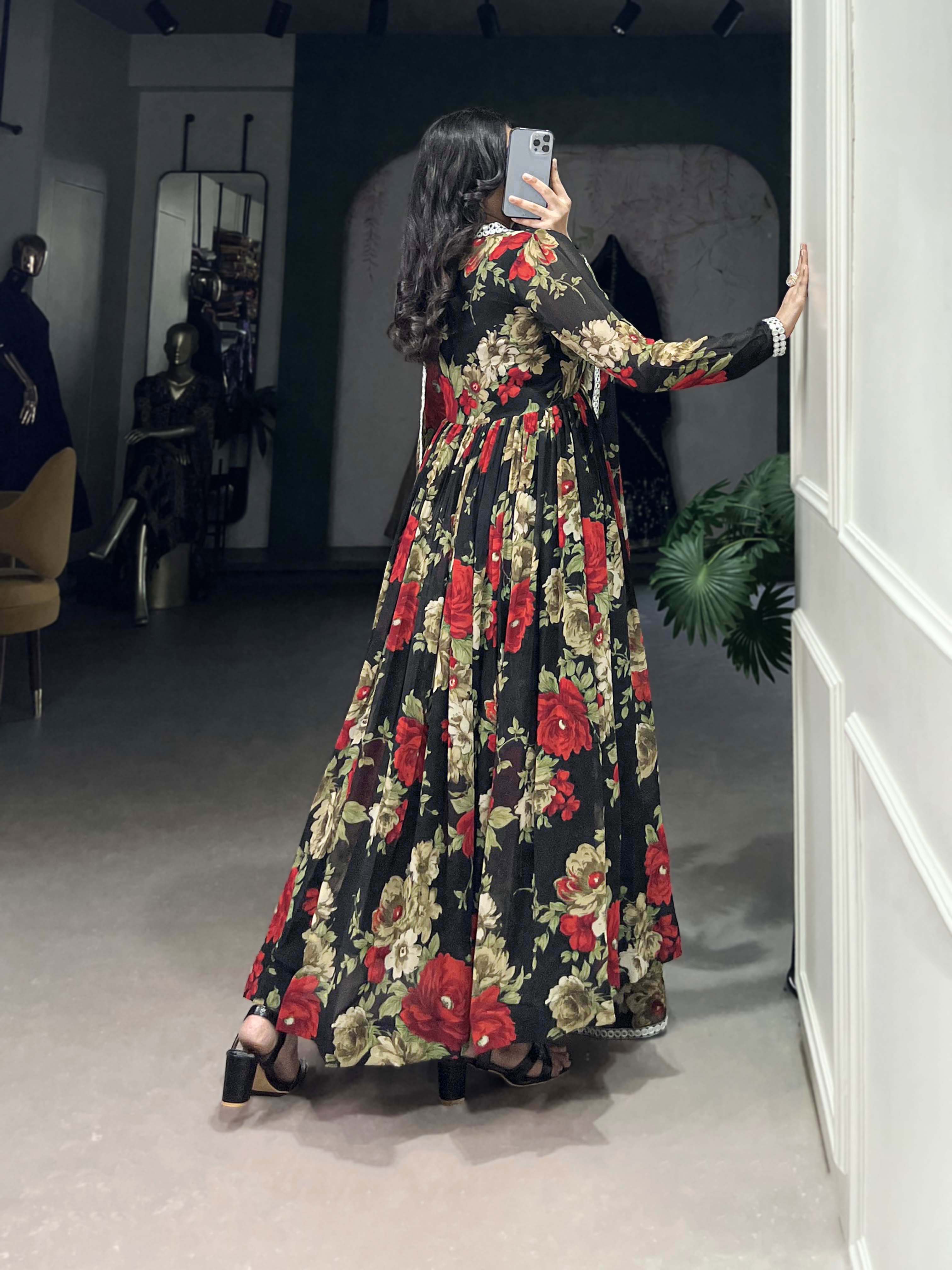 Attractive Red Floral Print Georgette Traditional Gown With Dupatta