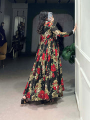 Attractive Red Floral Print Georgette Traditional Gown With Dupatta
