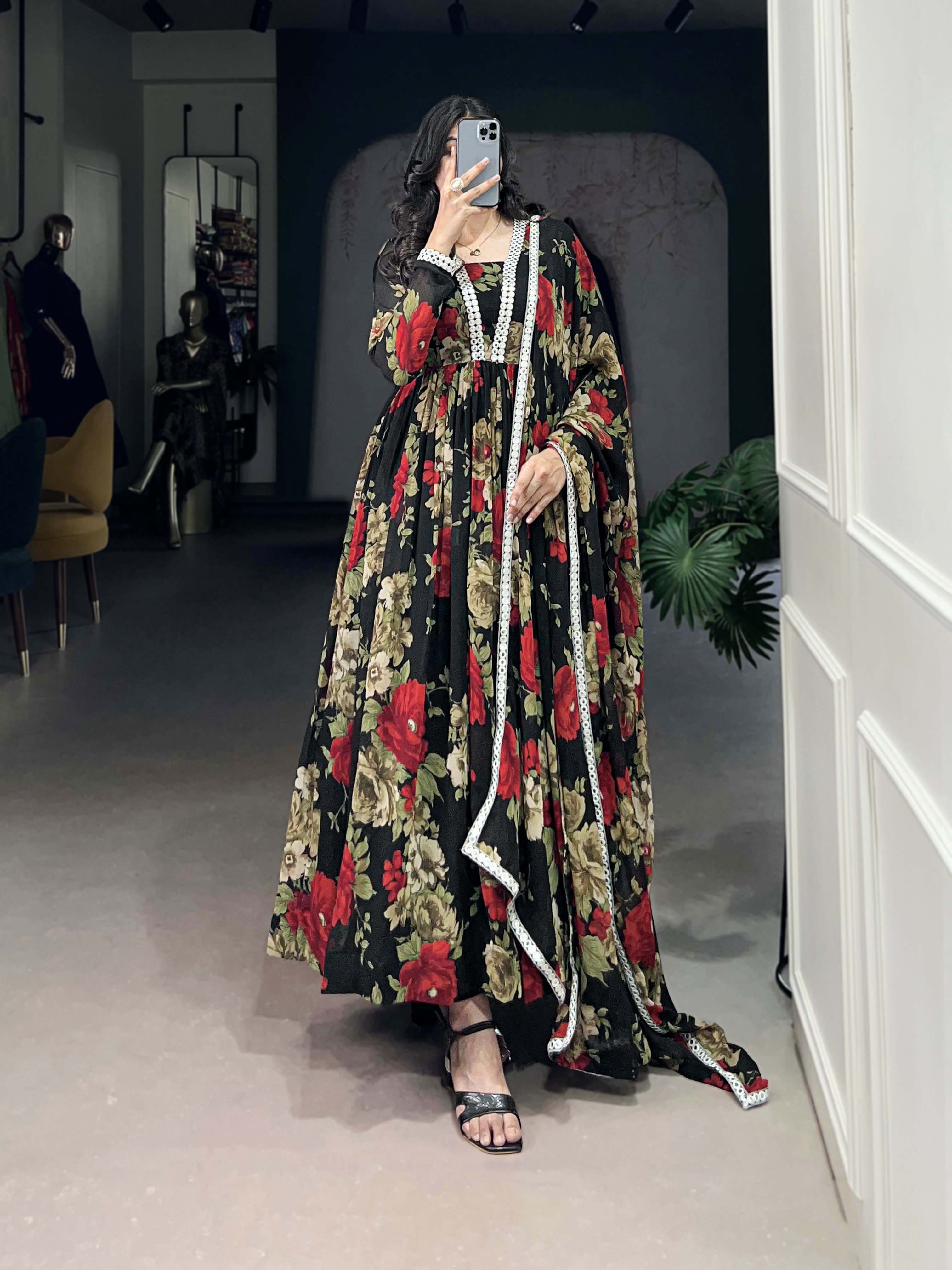 Attractive Red Floral Print Georgette Traditional Gown With Dupatta