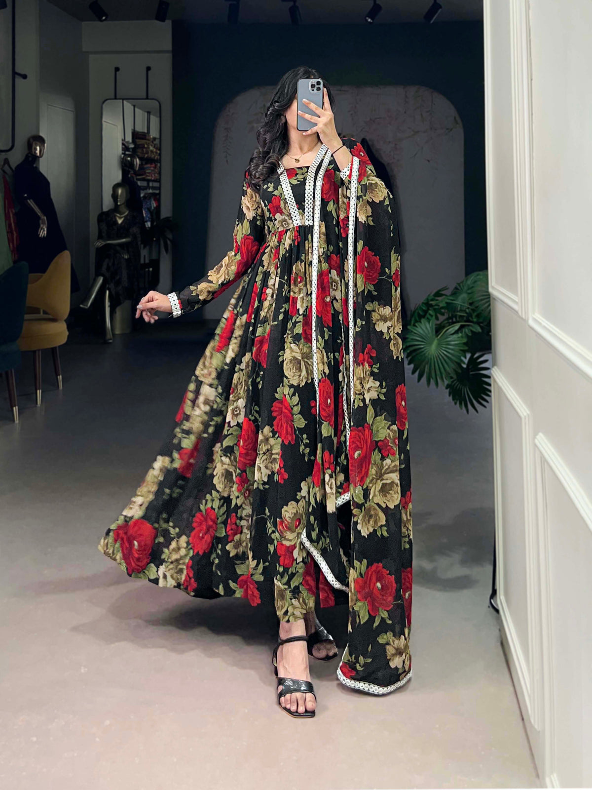 Attractive Red Floral Print Georgette Traditional Gown With Dupatta