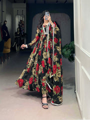 Attractive Red Floral Print Georgette Traditional Gown With Dupatta