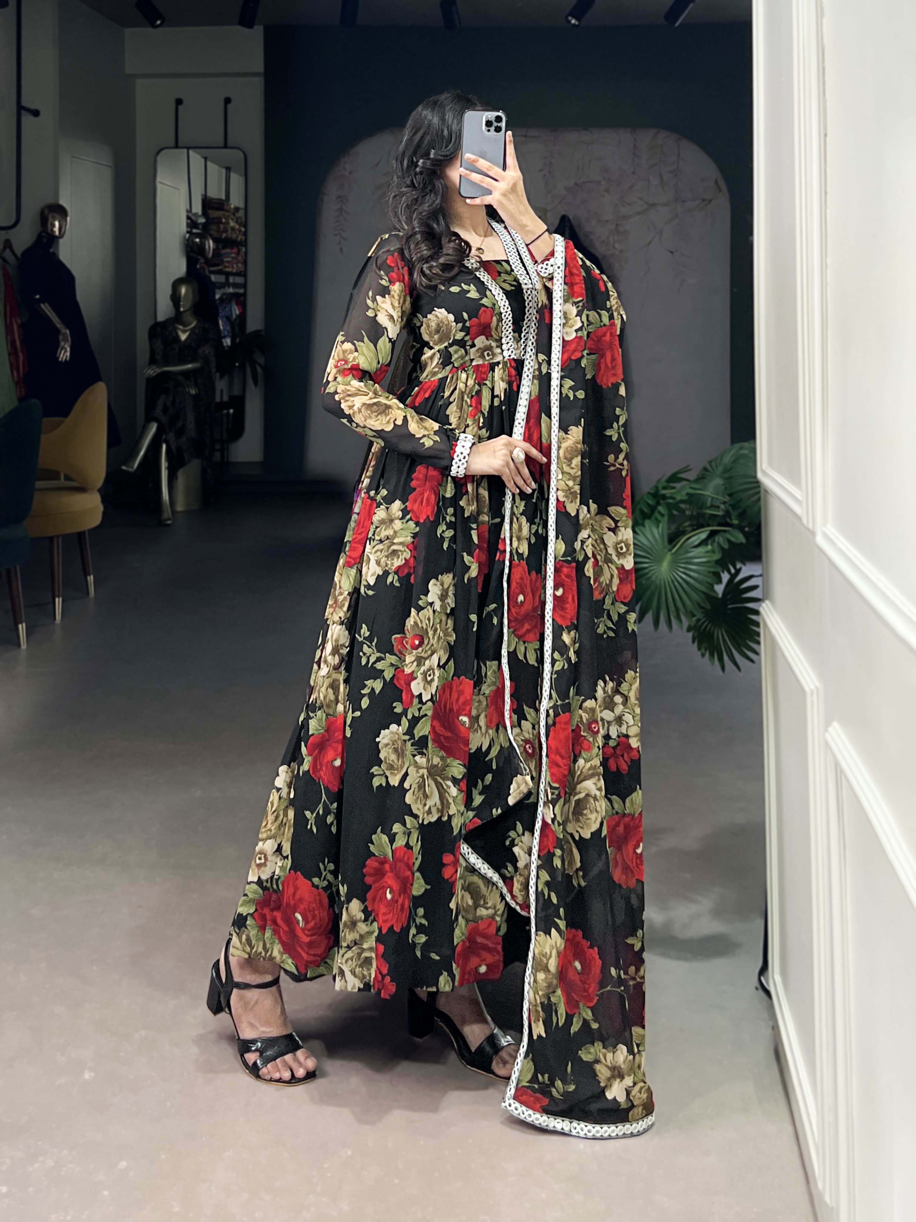 Attractive Red Floral Print Georgette Traditional Gown With Dupatta