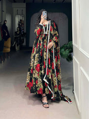 Attractive Red Floral Print Georgette Traditional Gown With Dupatta