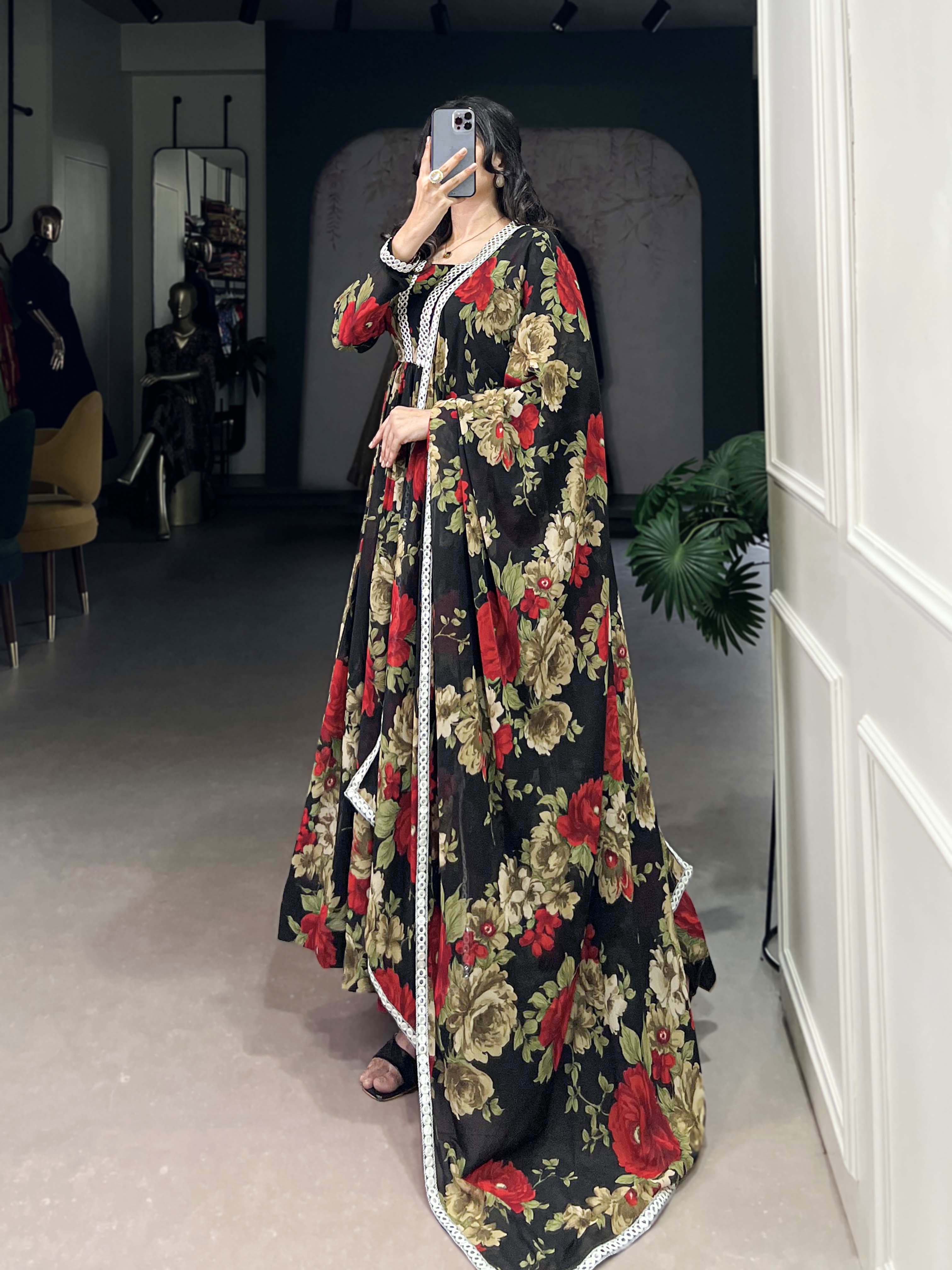 Attractive Red Floral Print Georgette Traditional Gown With Dupatta