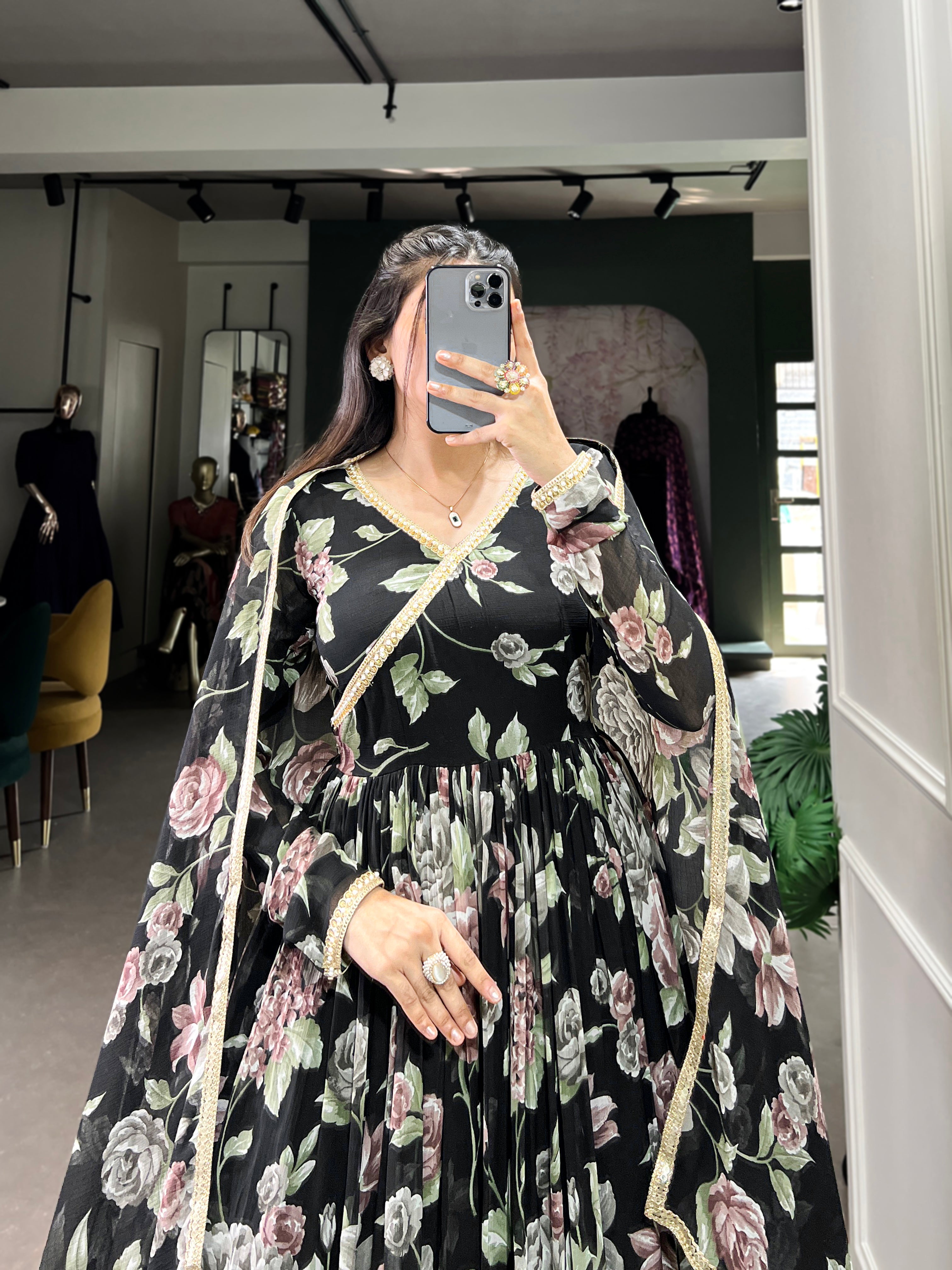 Black Pure Marbel Georgette Long Floral Print Readymade Gown