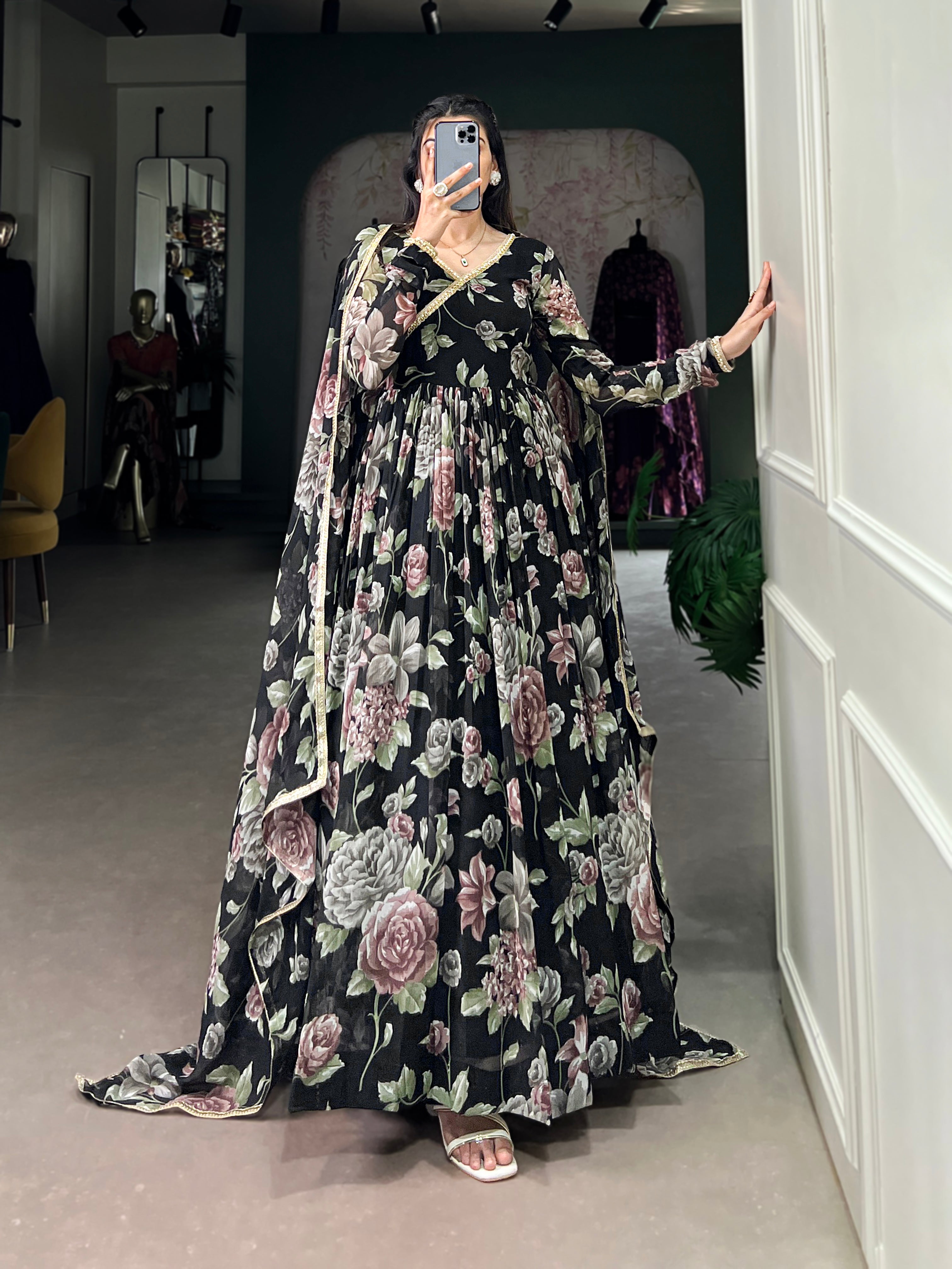 Black Pure Marbel Georgette Long Floral Print Readymade Gown