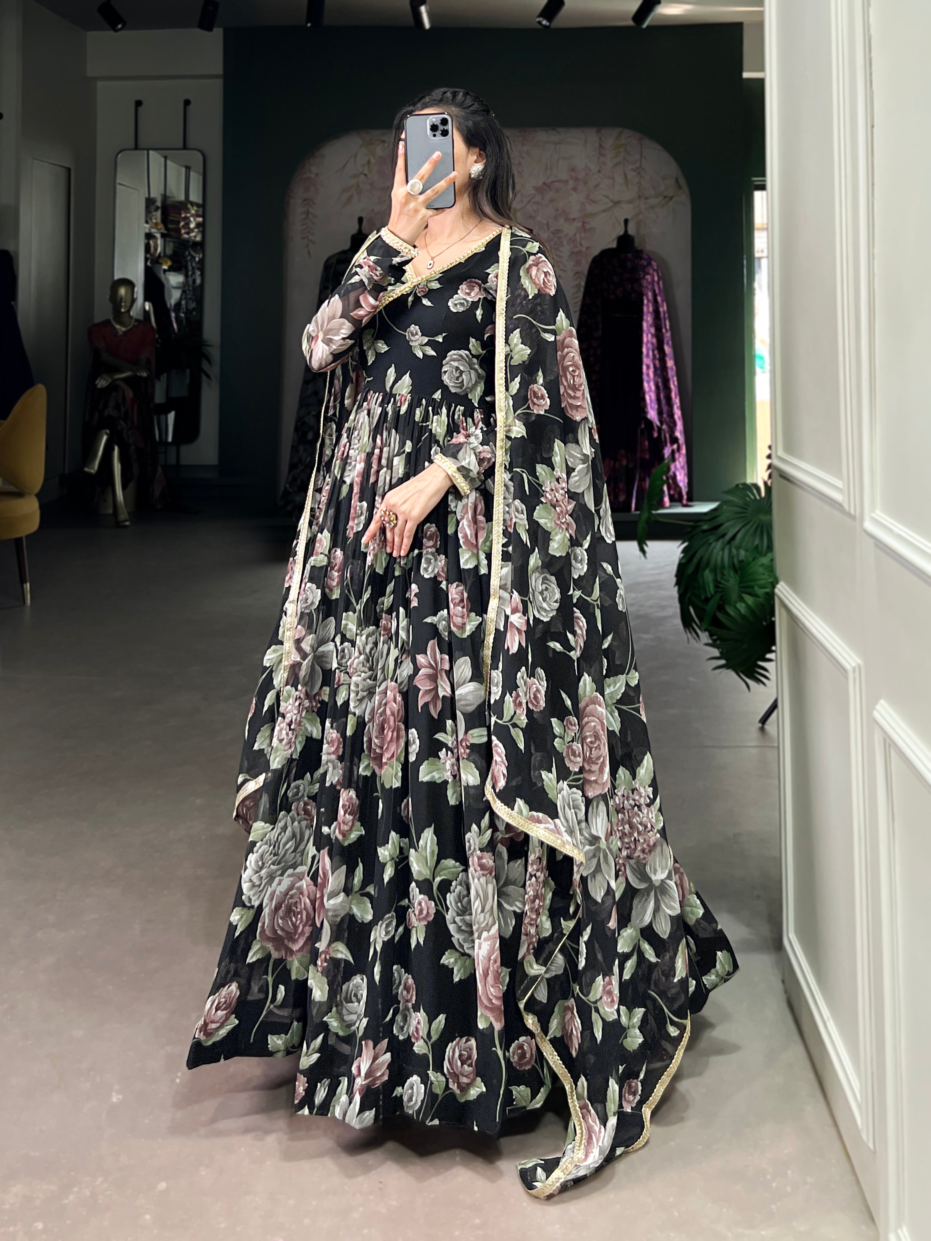 Black Pure Marbel Georgette Long Floral Print Readymade Gown