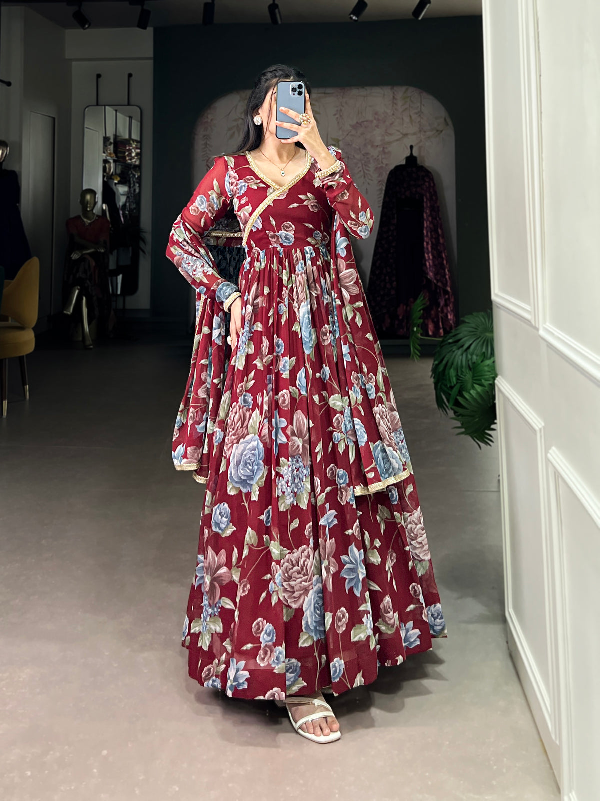 Maroon Sculpted Beauty Floral Print Marbel Gown