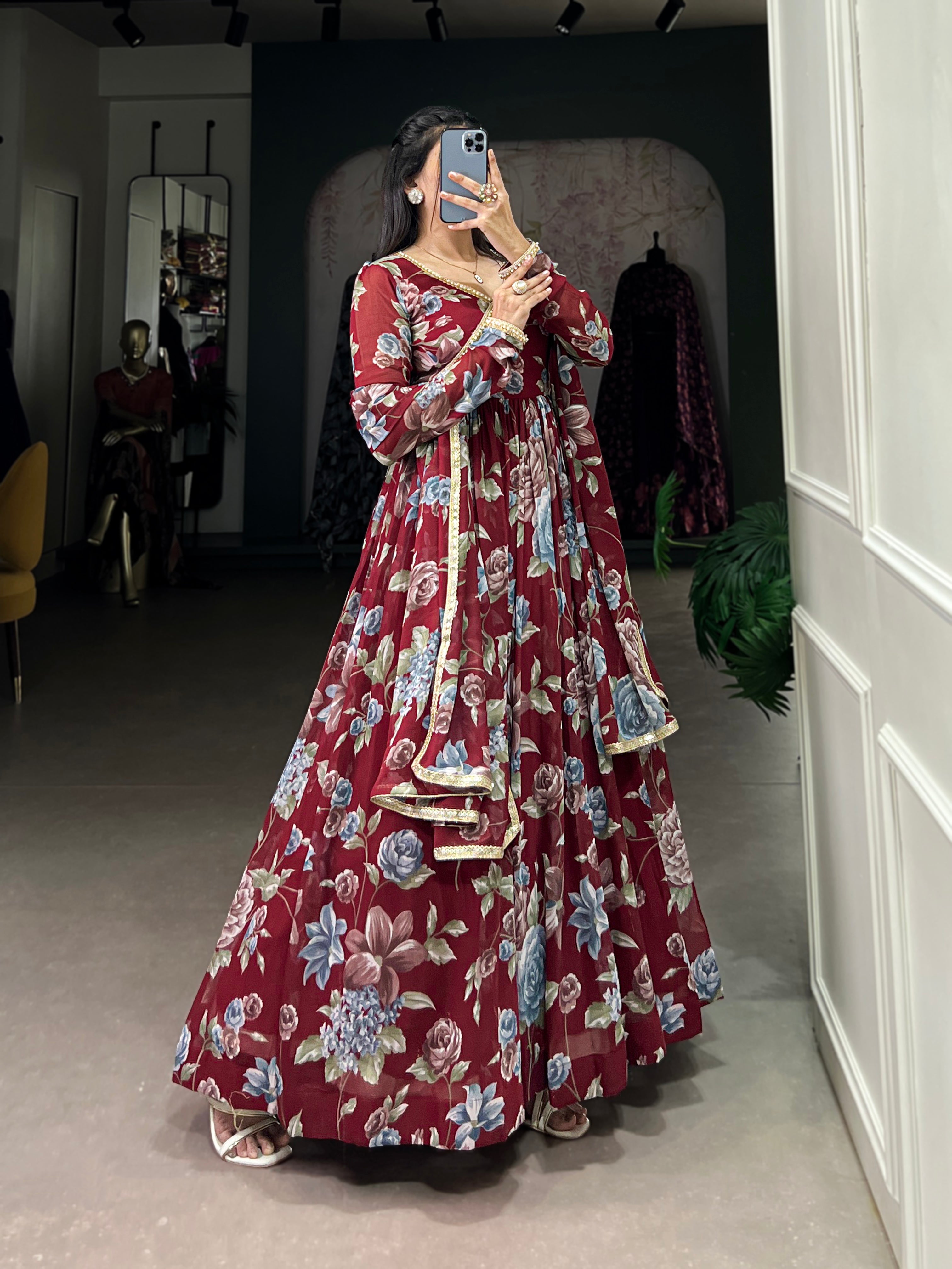 Maroon Sculpted Beauty Floral Print Marbel Gown