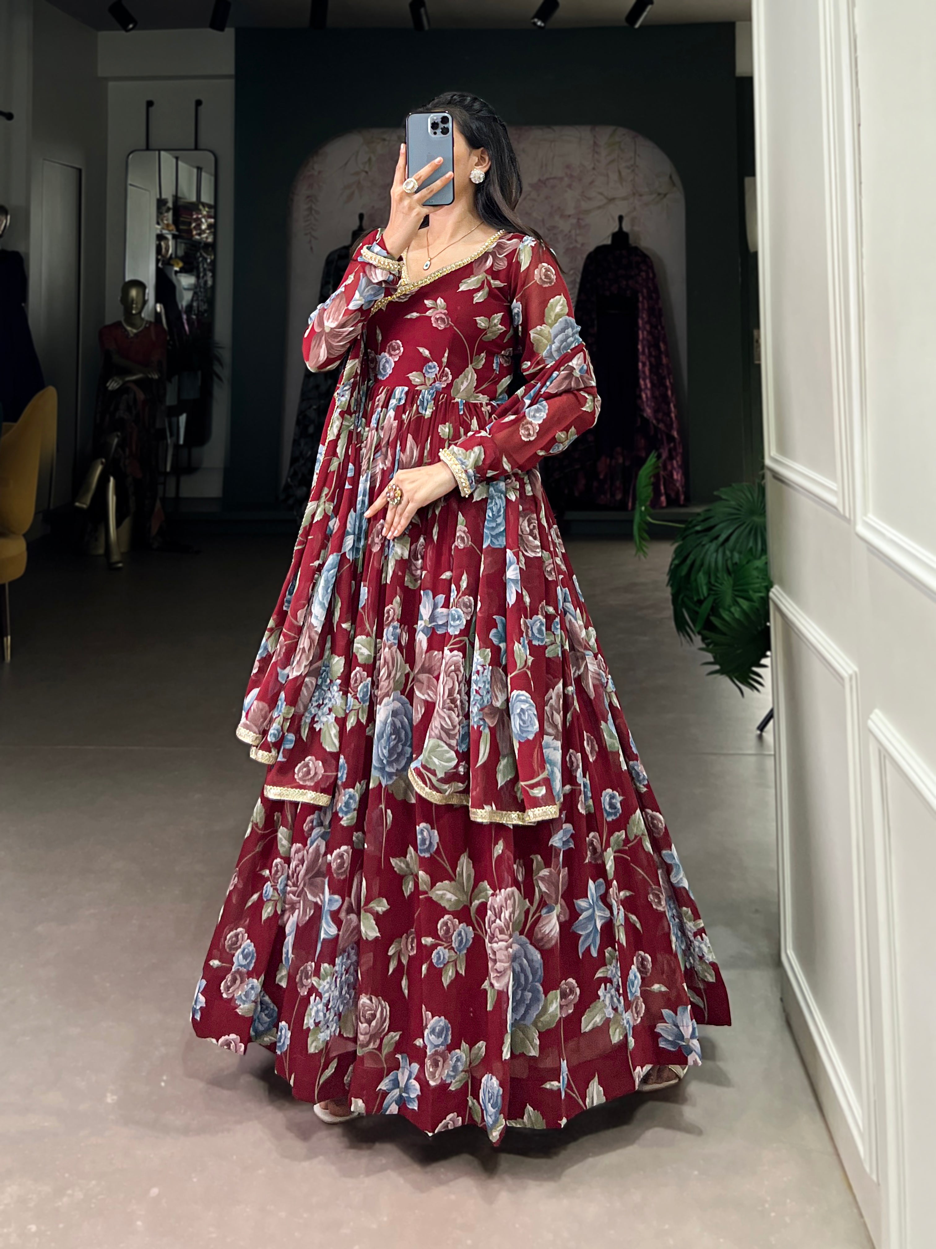 Maroon Sculpted Beauty Floral Print Marbel Gown