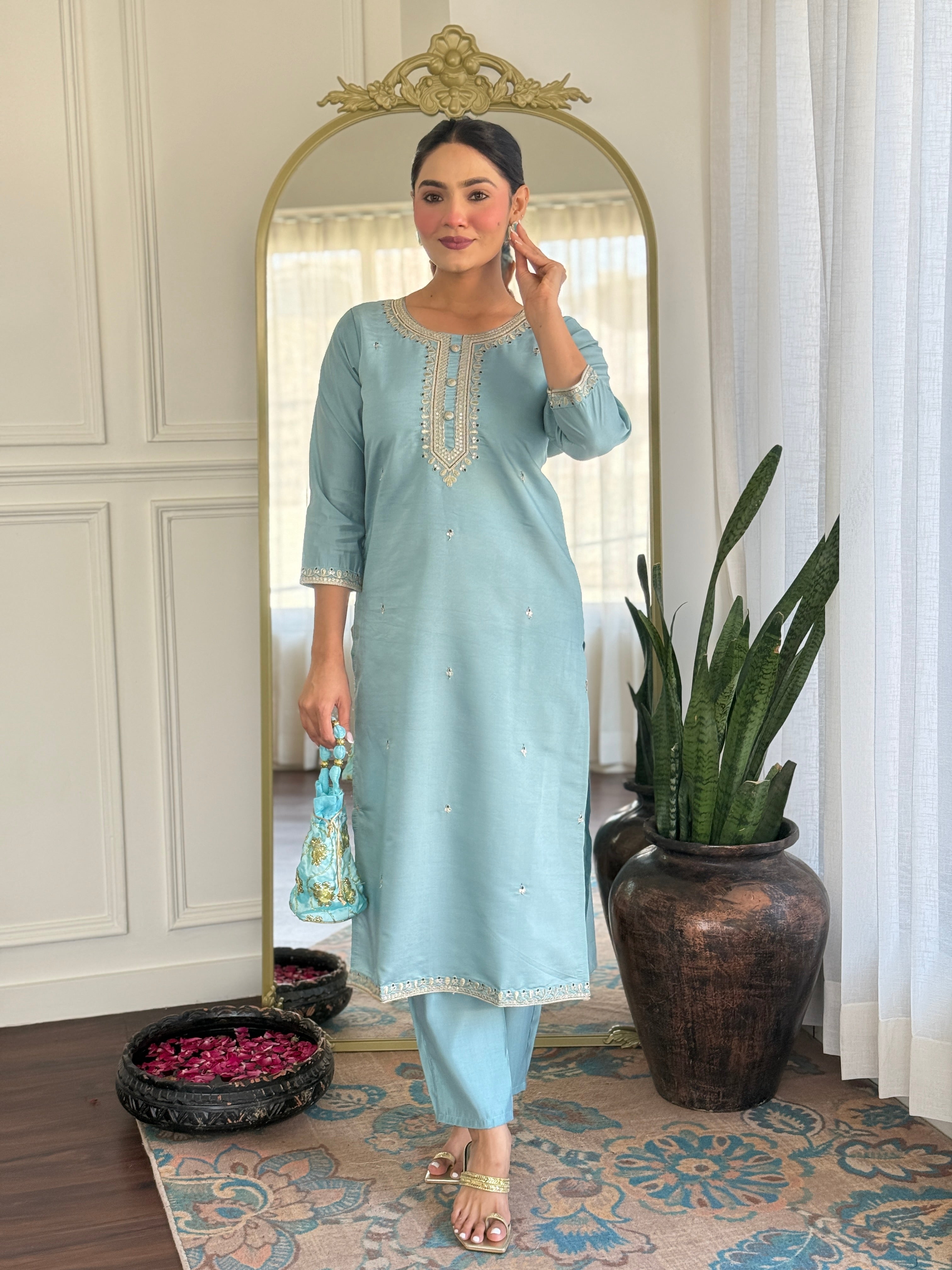 Embroidered Chanderi Silk Pakistani Suit in Sky Blue
