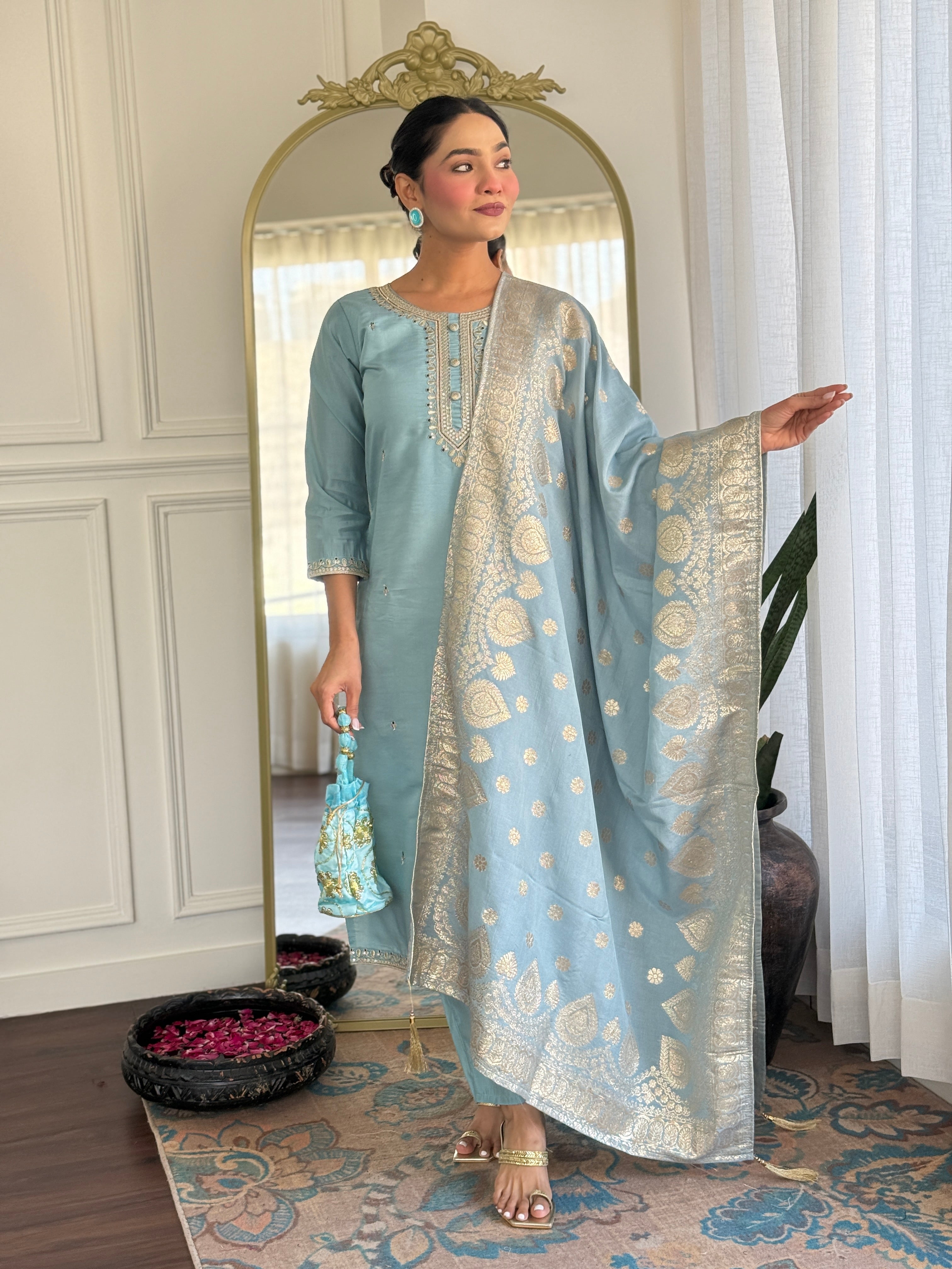 Embroidered Chanderi Silk Pakistani Suit in Sky Blue