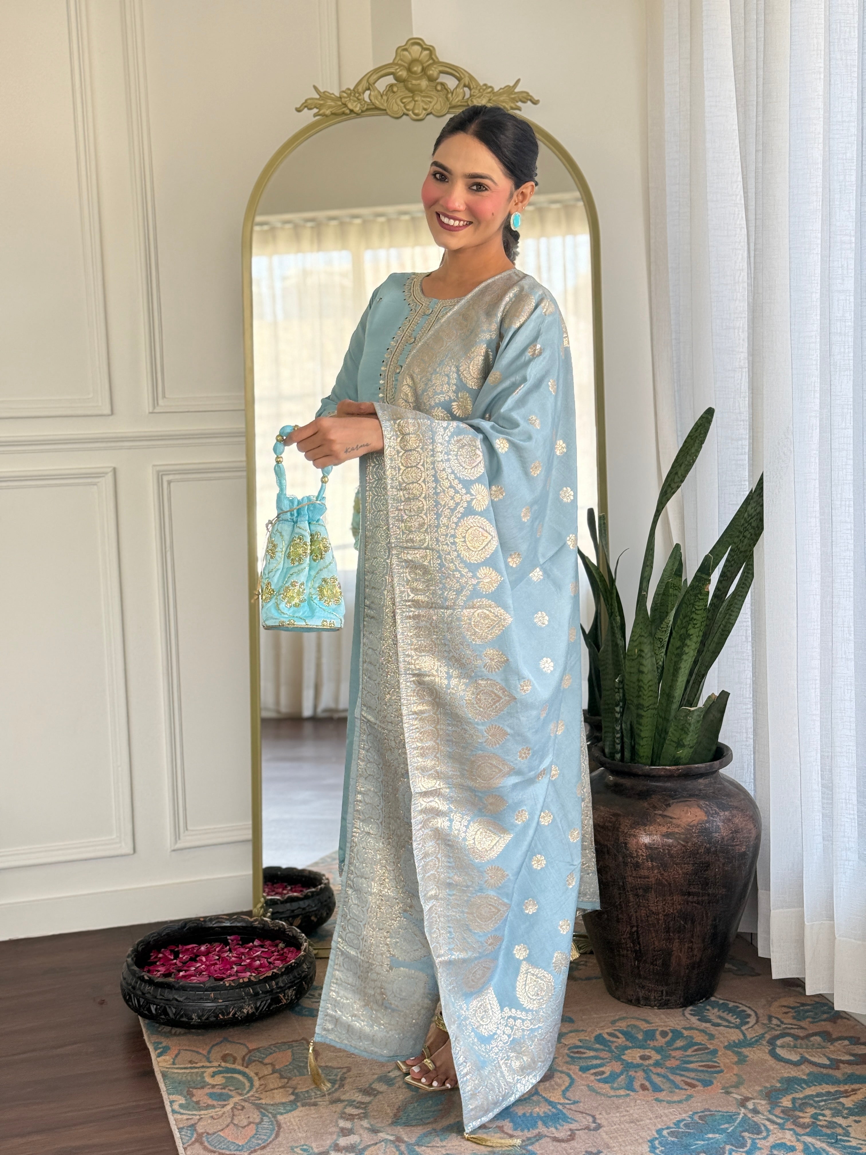 Embroidered Chanderi Silk Pakistani Suit in Sky Blue