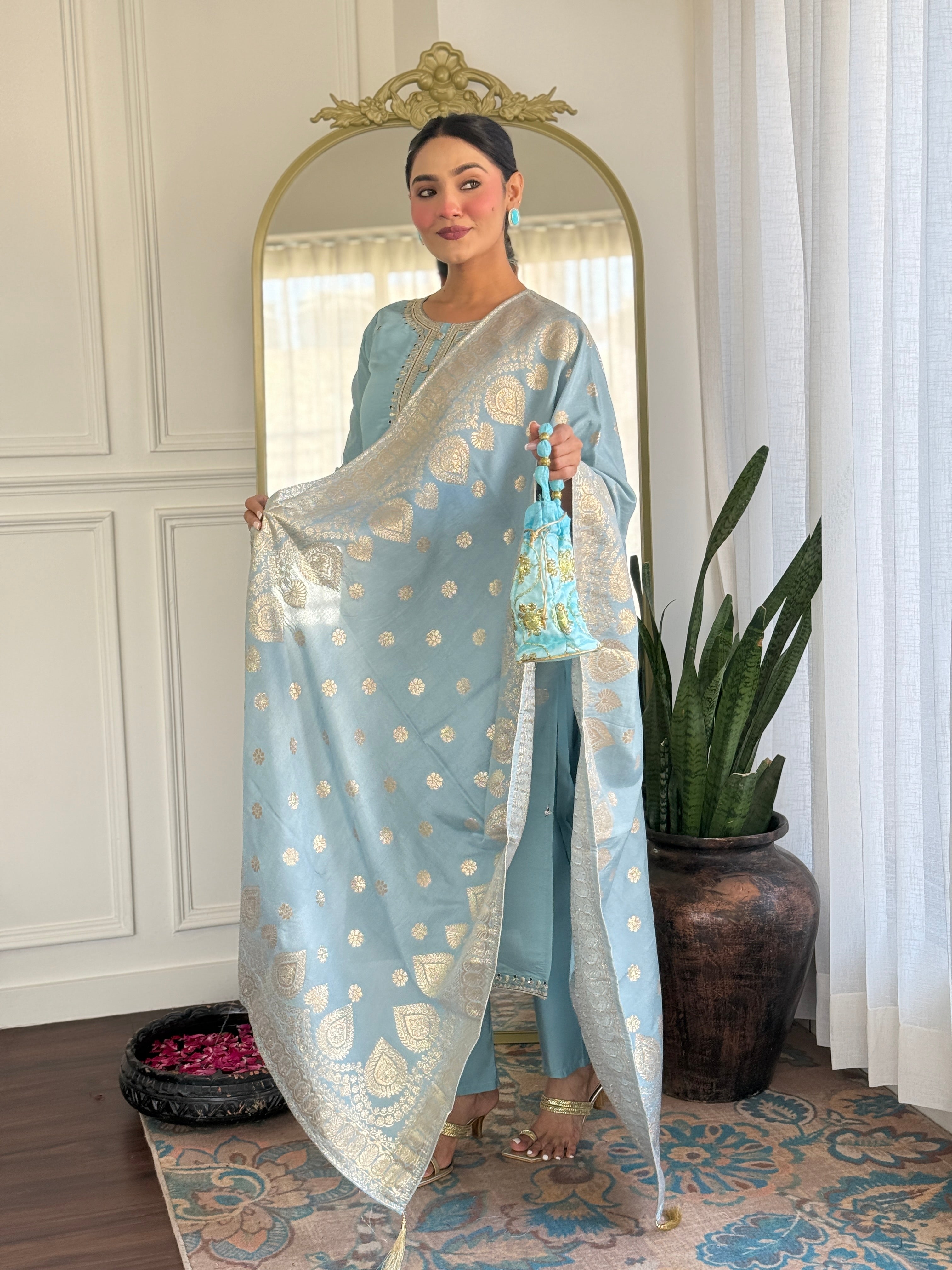 Embroidered Chanderi Silk Pakistani Suit in Sky Blue