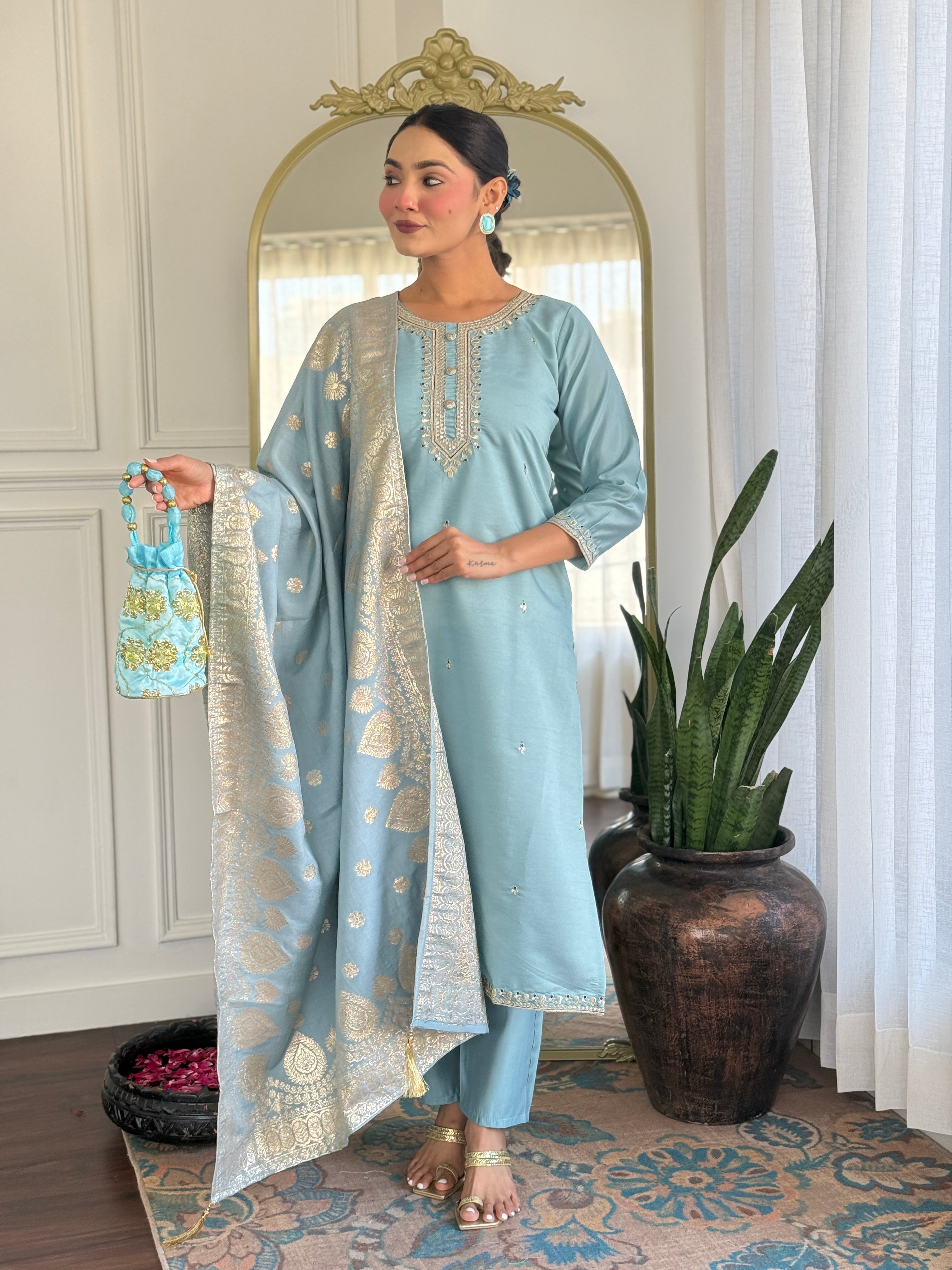 Embroidered Chanderi Silk Pakistani Suit in Sky Blue