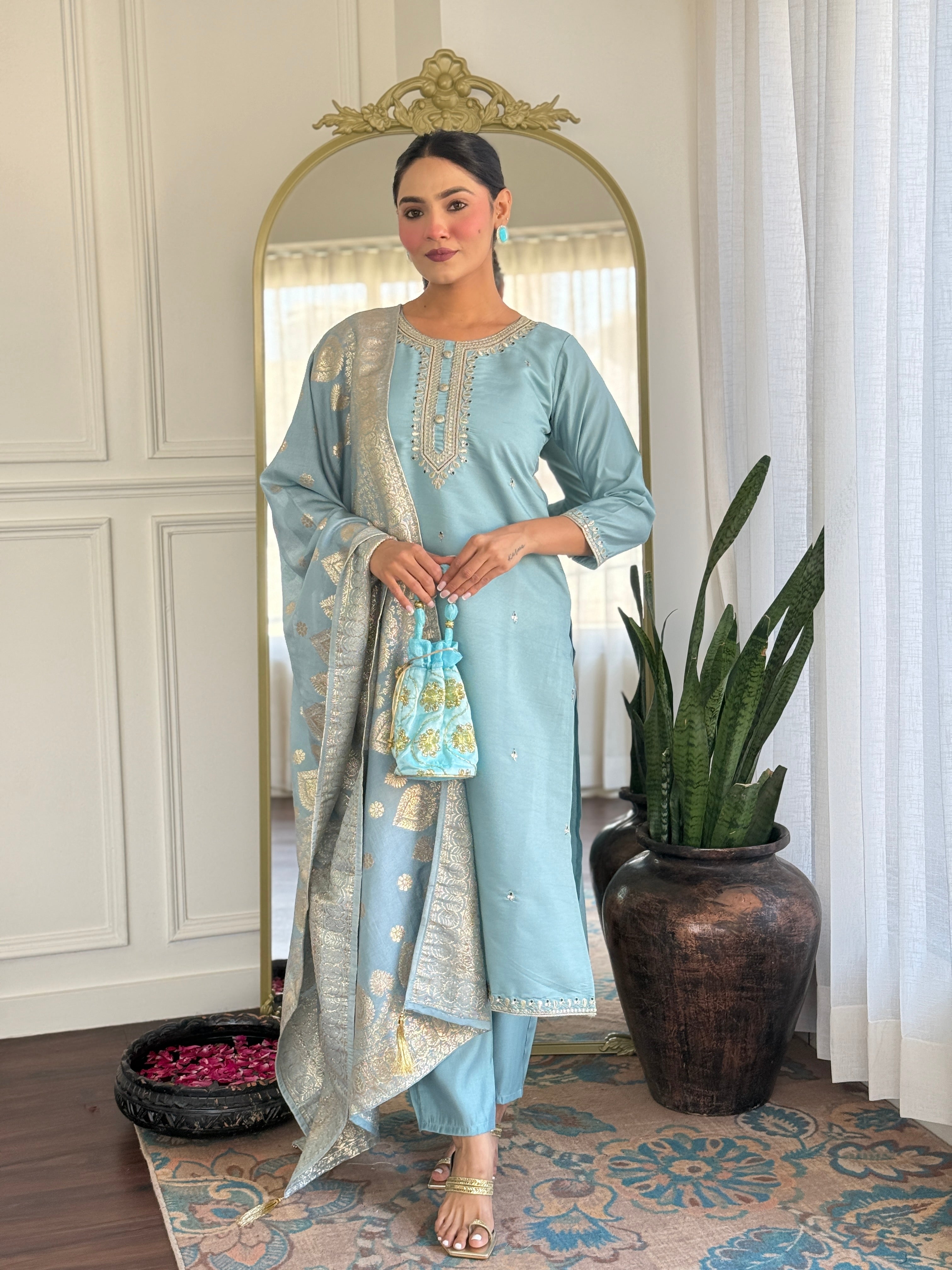 Embroidered Chanderi Silk Pakistani Suit in Sky Blue