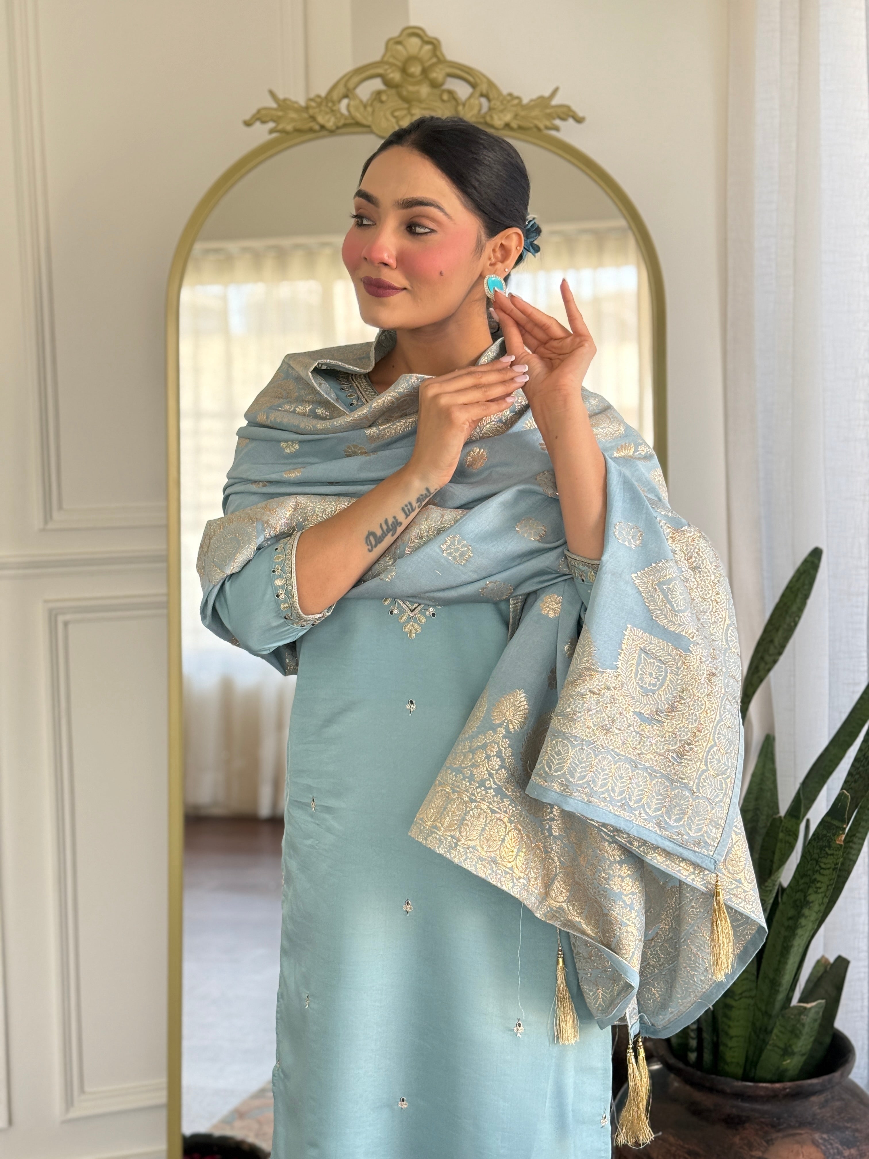 Embroidered Chanderi Silk Pakistani Suit in Sky Blue