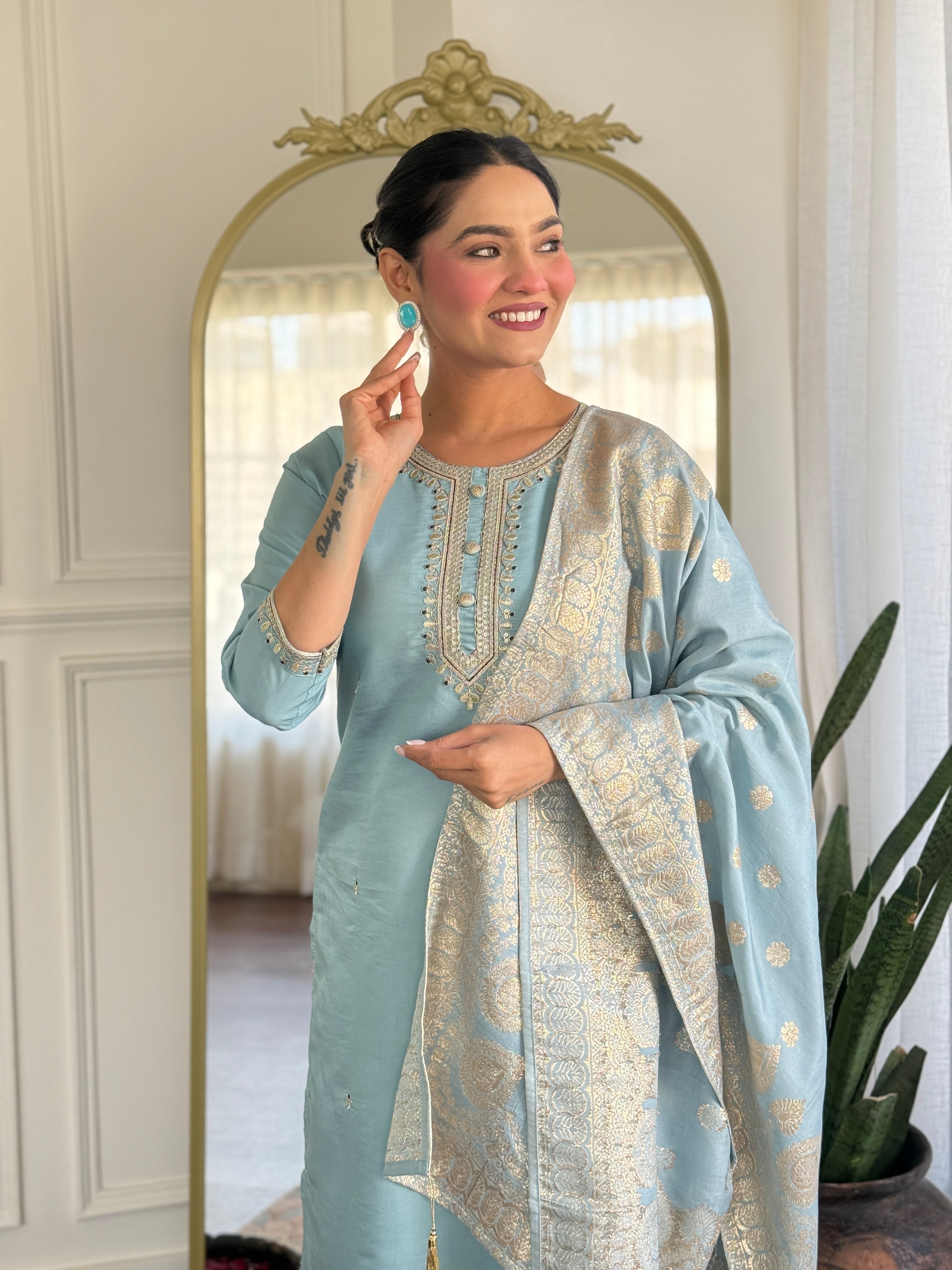 Embroidered Chanderi Silk Pakistani Suit in Sky Blue