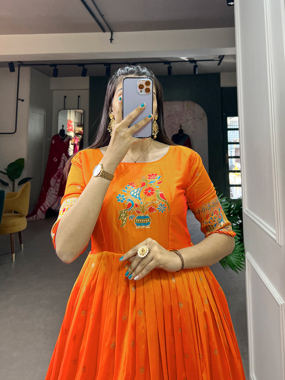 Orange Jacquard Silk Paithani Gown