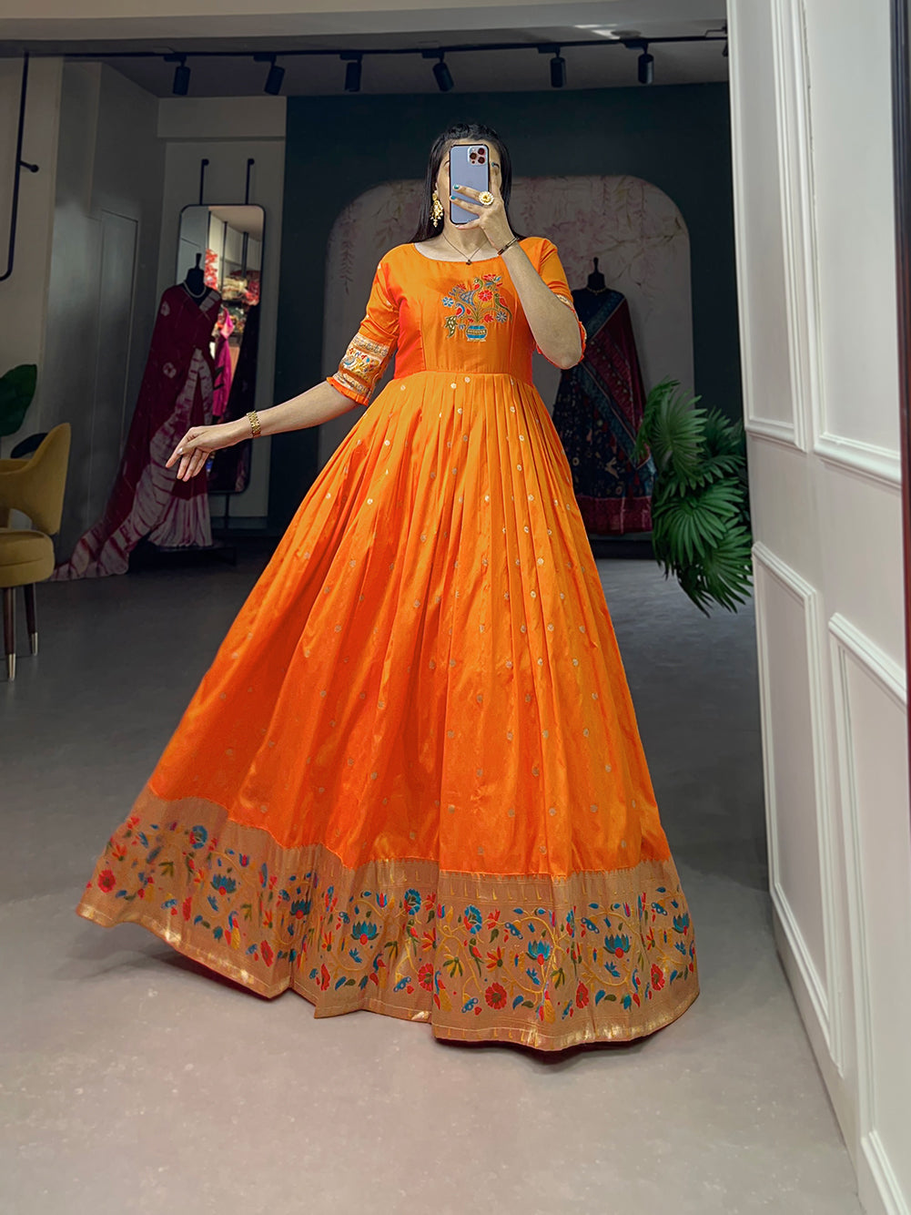 Orange Jacquard Silk Paithani Gown