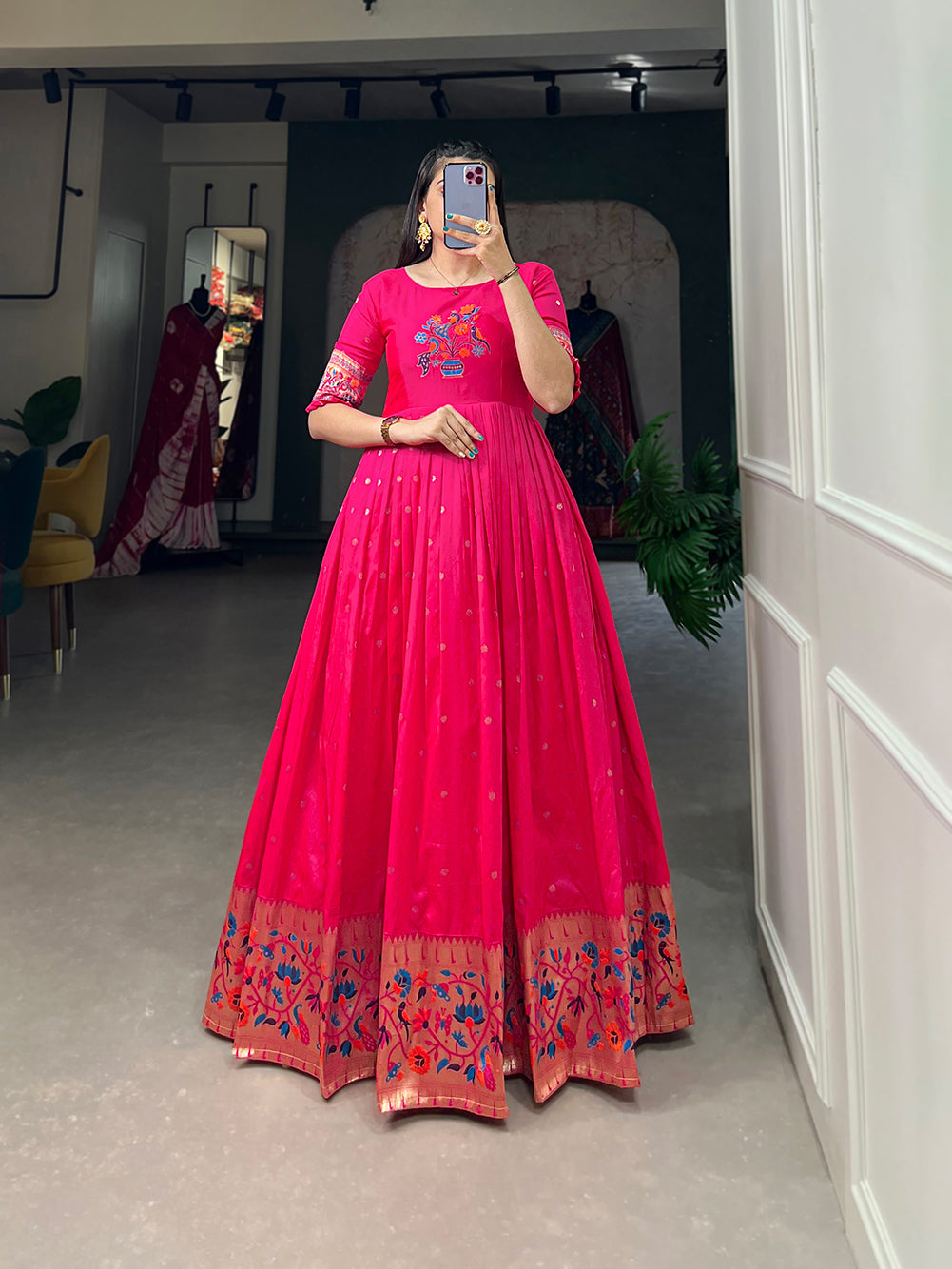 Magenta Jacquard Silk Gown