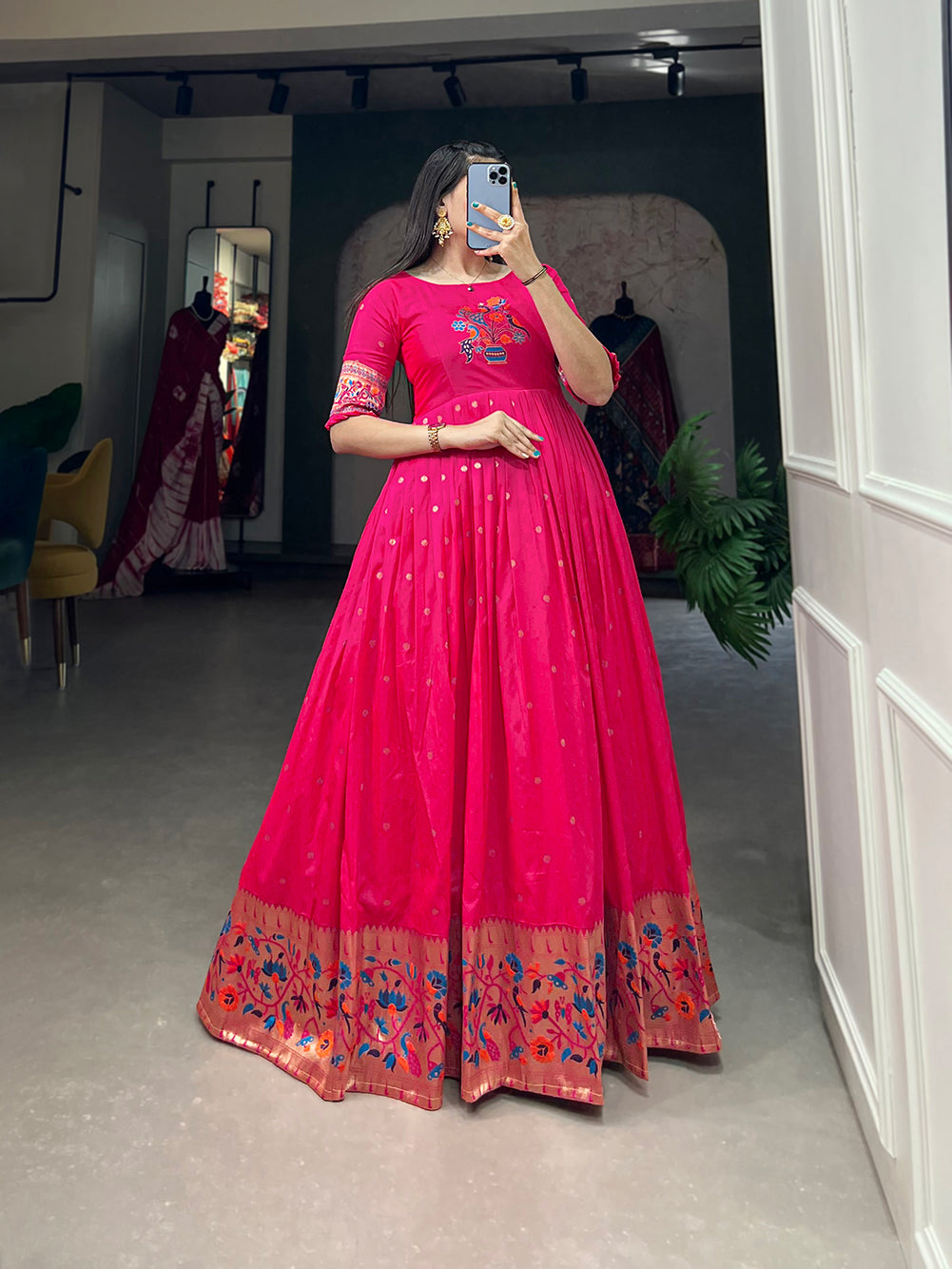 Magenta Jacquard Silk Gown