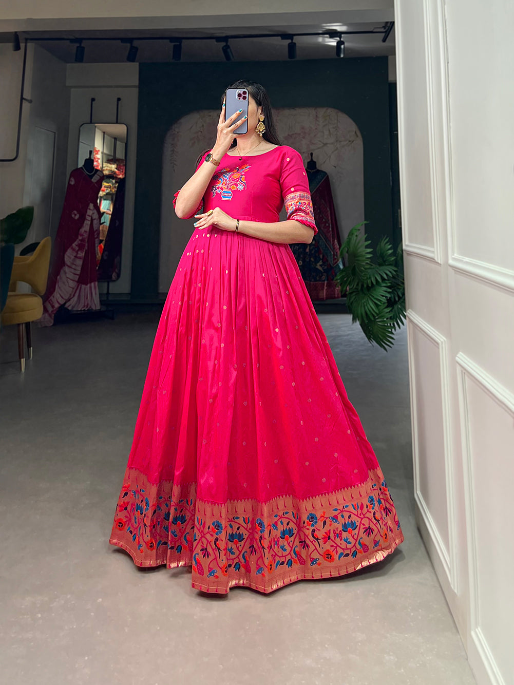 Magenta Jacquard Silk Gown